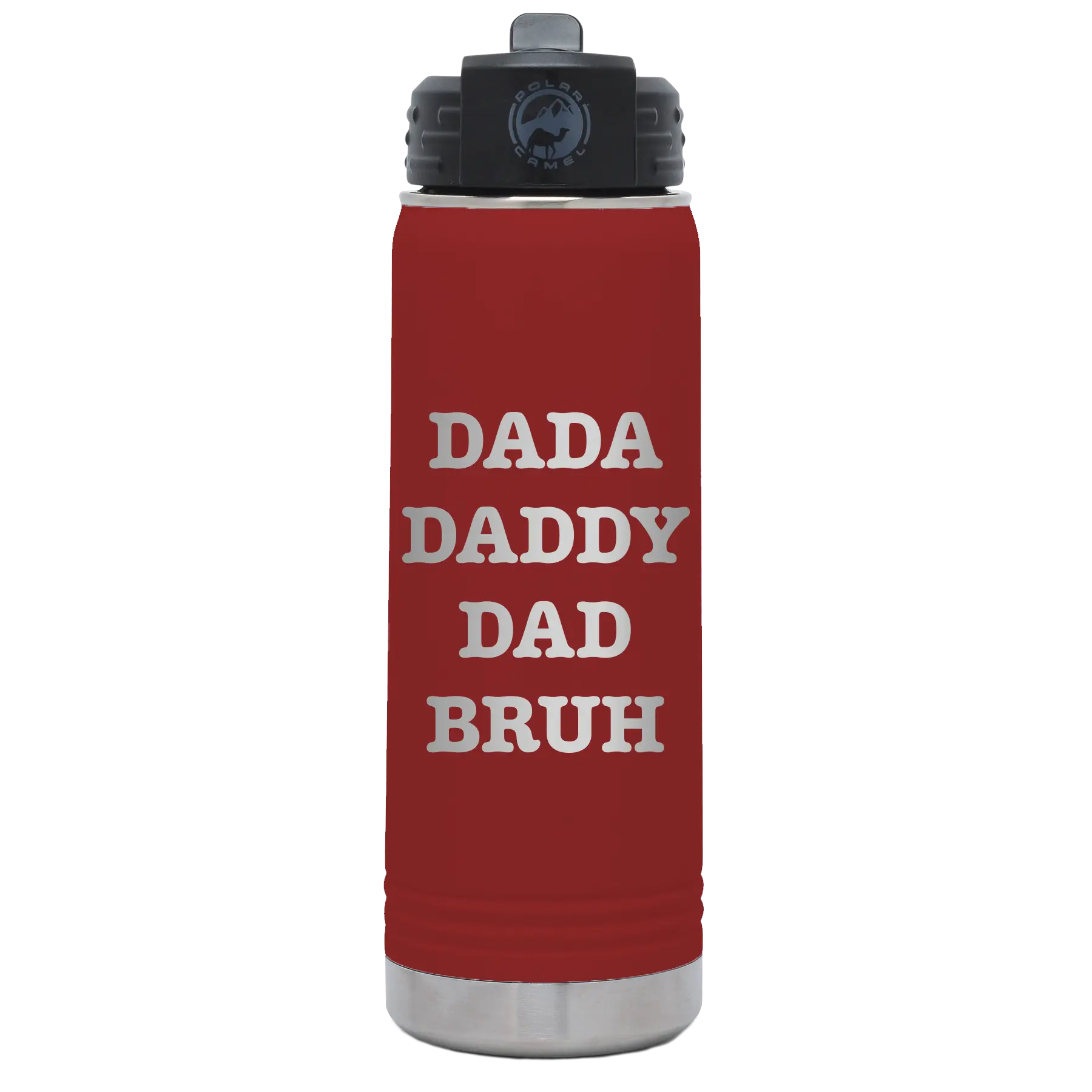 Laser etched maroon 20 oz vacuum insulated water bottle with 'Bruh' design
