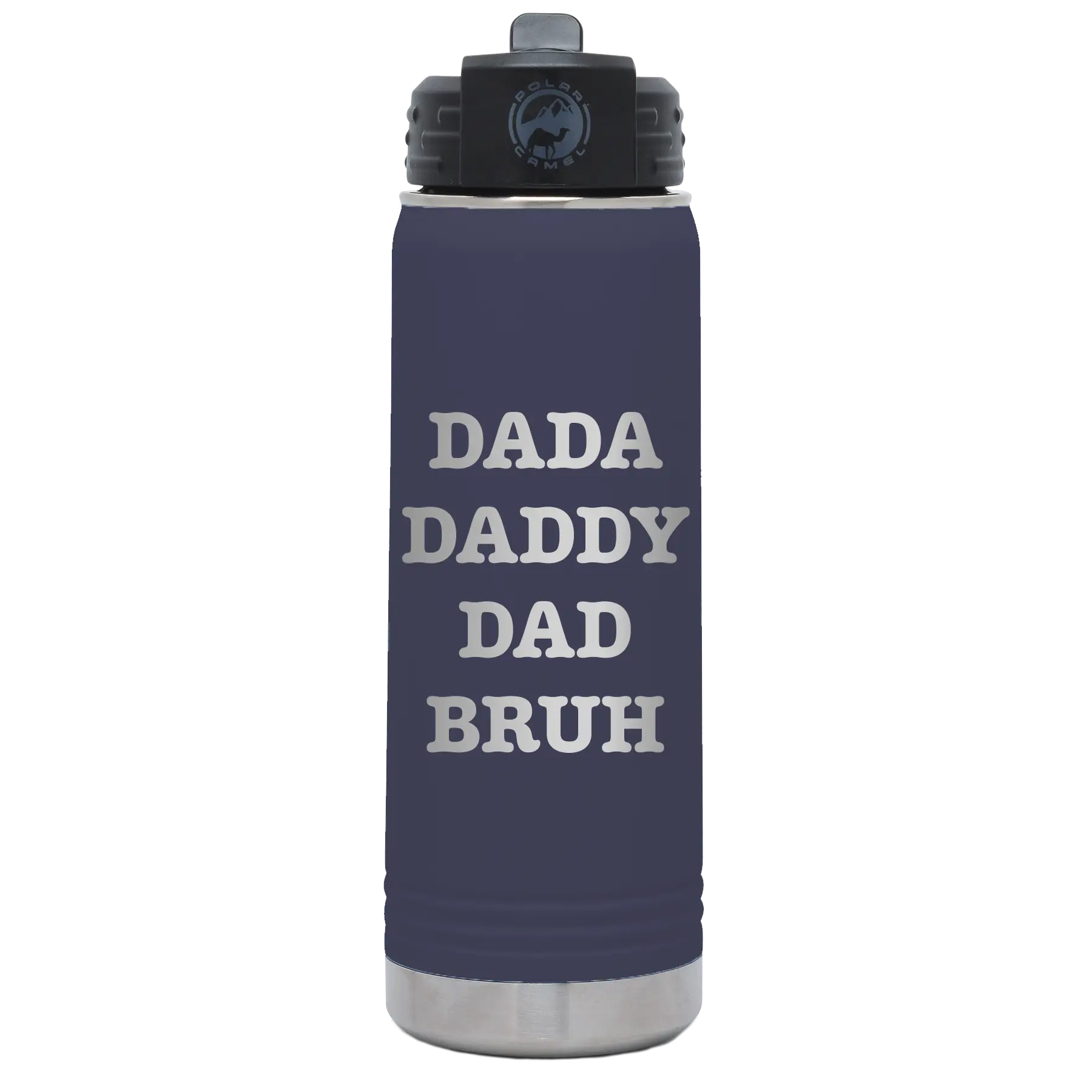 Laser etched navy 20 oz vacuum insulated water bottle with 'Bruh' design