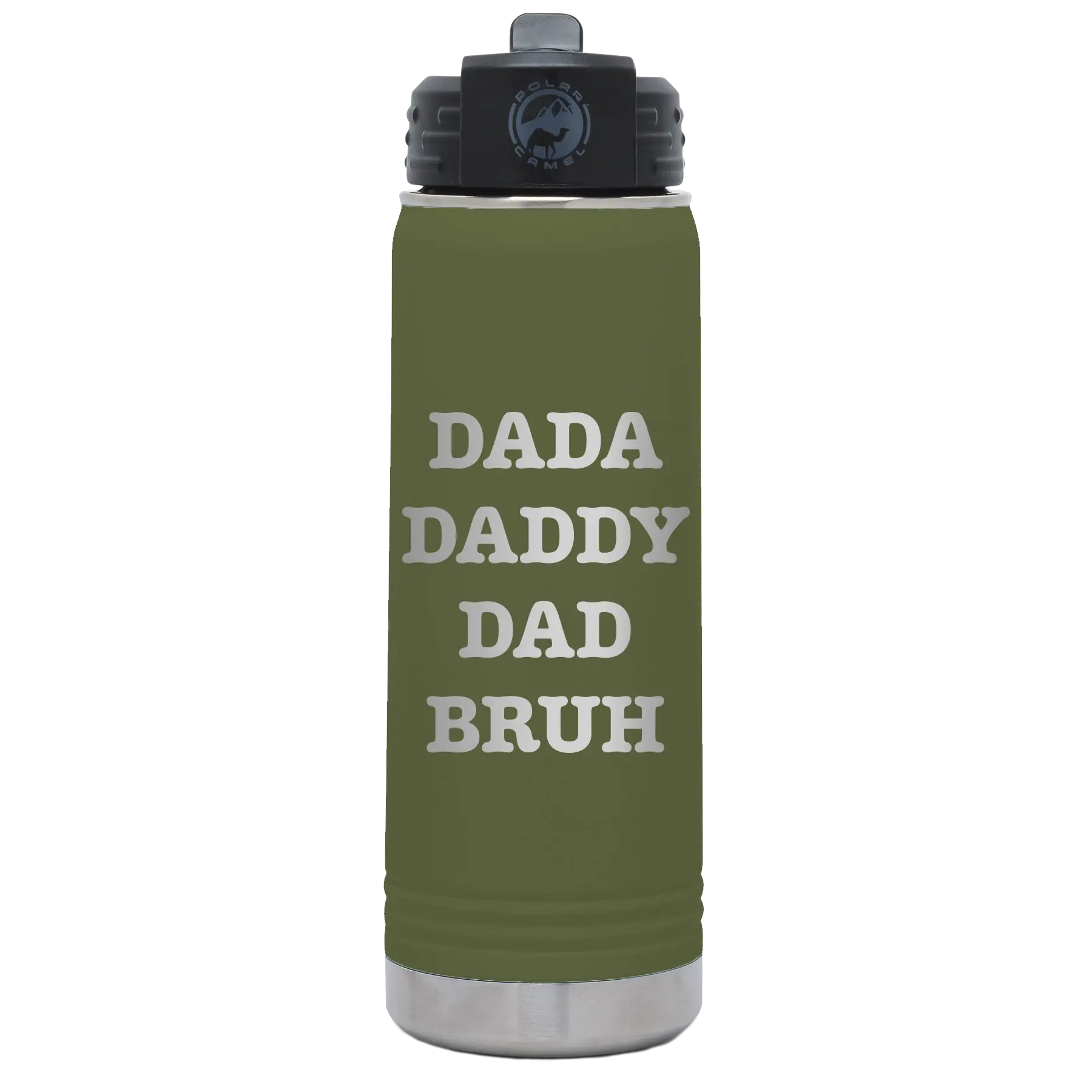 Laser etched olive green 20 oz vacuum insulated water bottle with 'Bruh' design