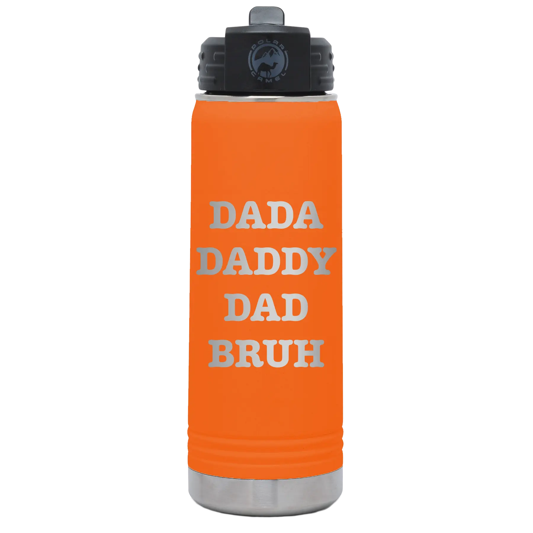 Laser etched orange 20 oz vacuum insulated water bottle with 'Bruh' design