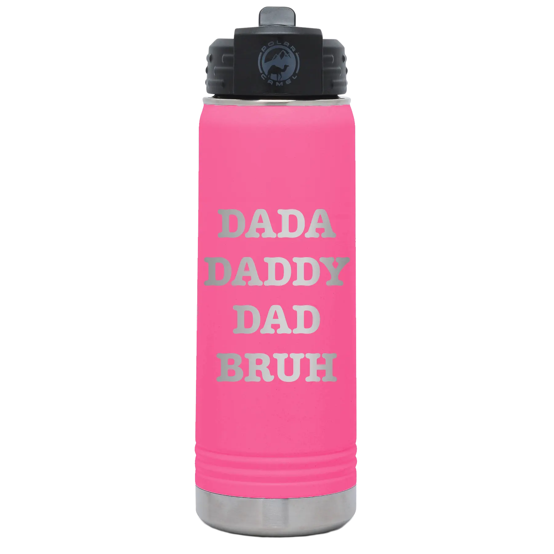 Laser etched pink 20 oz vacuum insulated water bottle with 'Bruh' design