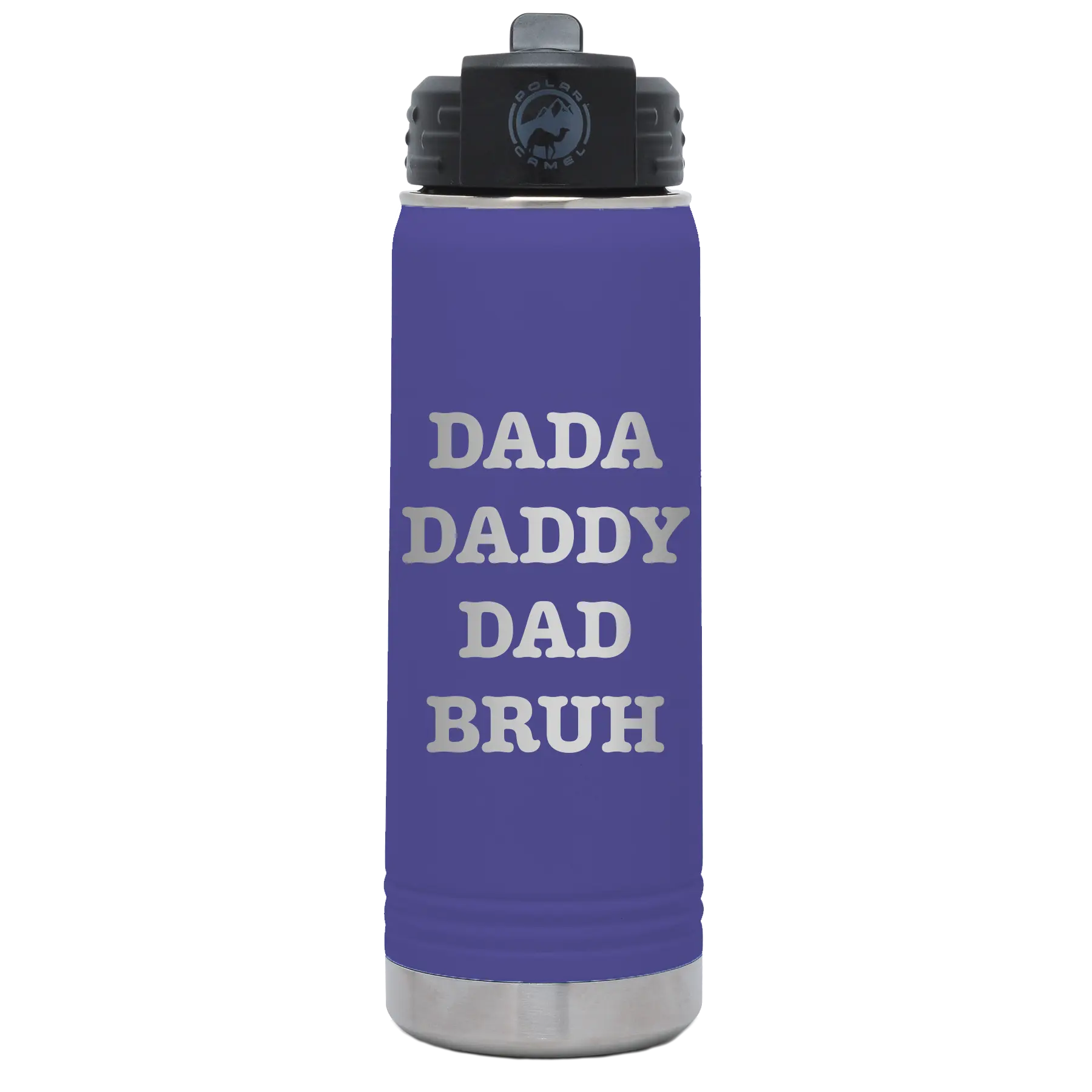 Laser etched purple 20 oz vacuum insulated water bottle with 'Bruh' design