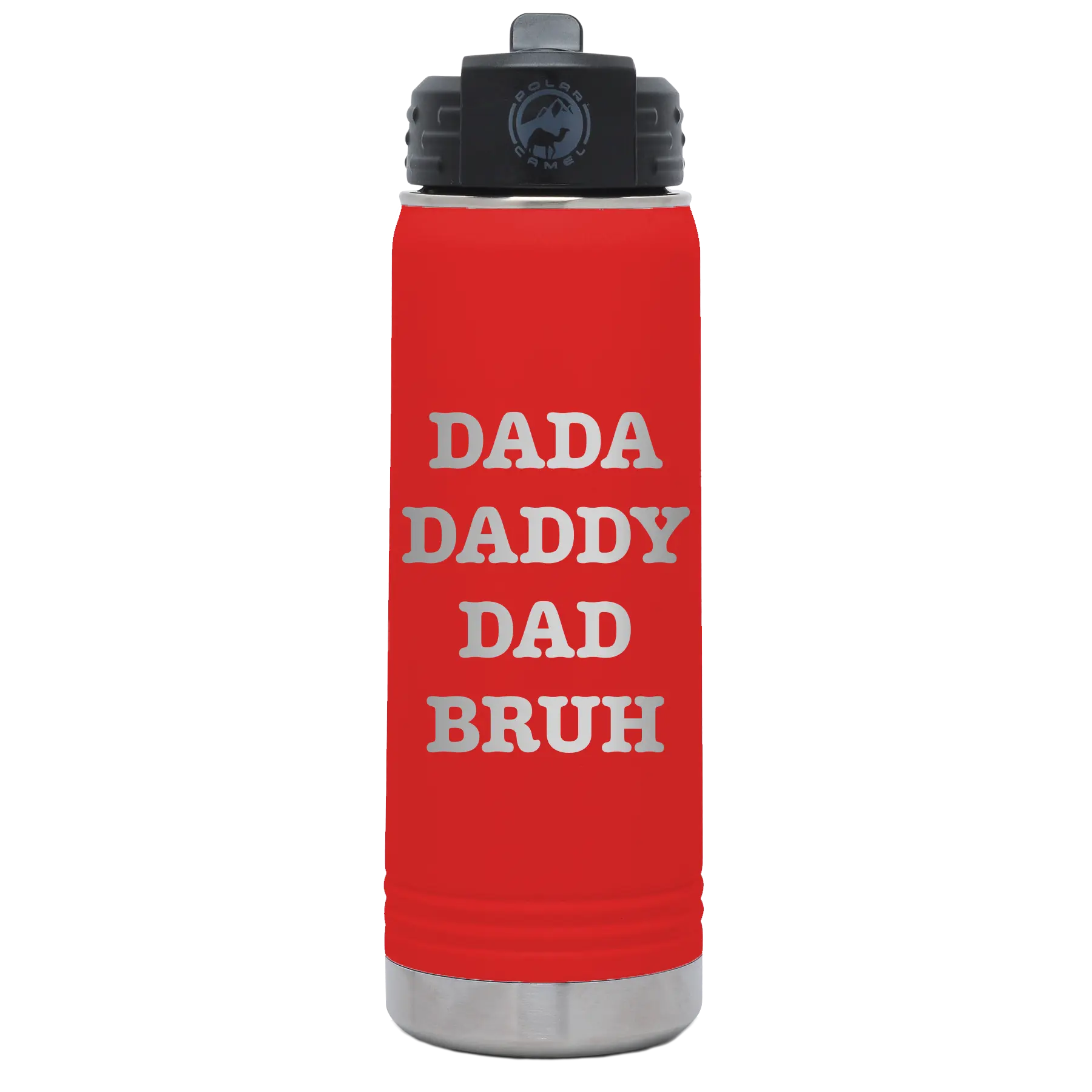 Laser etched red 20 oz vacuum insulated water bottle with 'Bruh' design