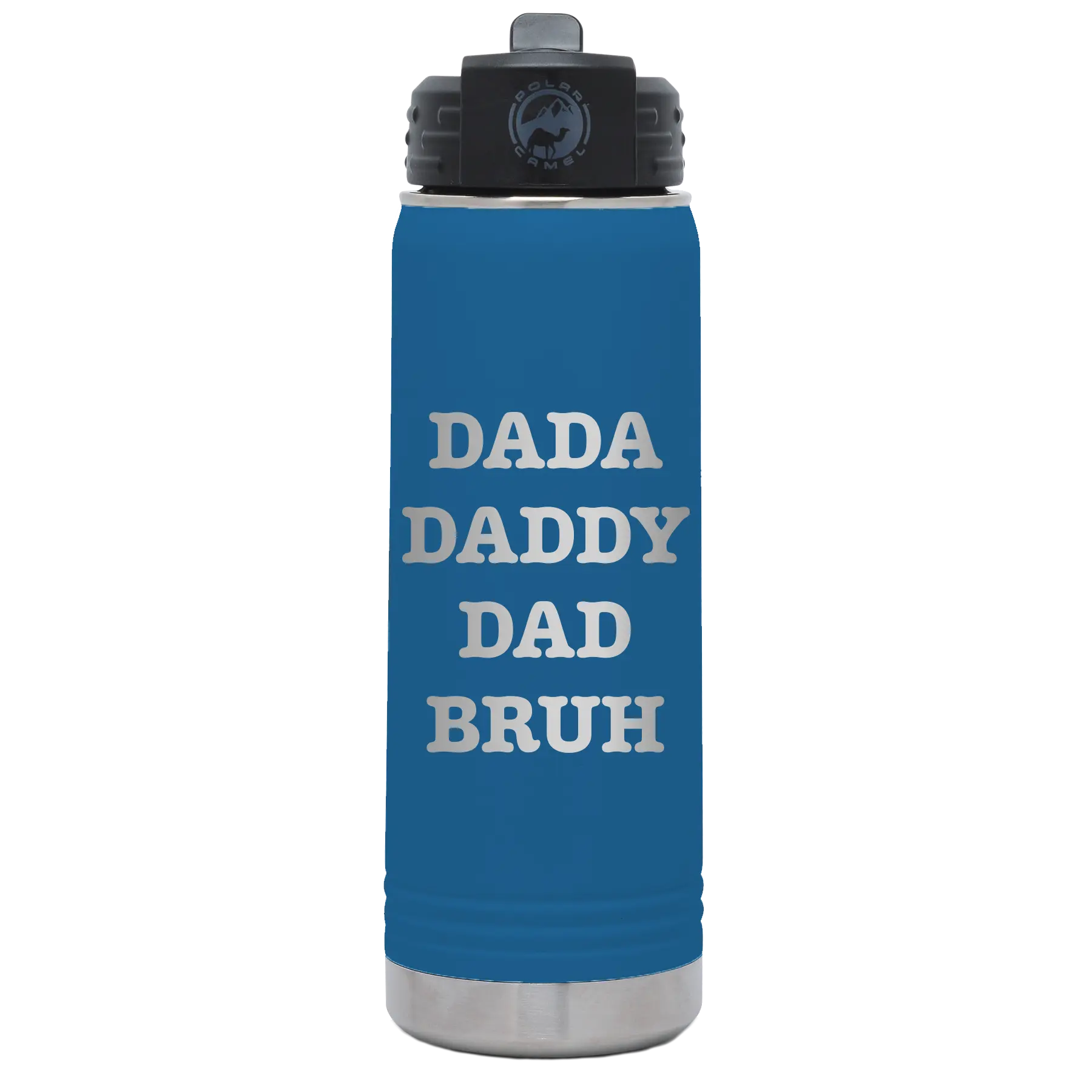 Laser etched royal blue 20 oz vacuum insulated water bottle with 'Bruh' design