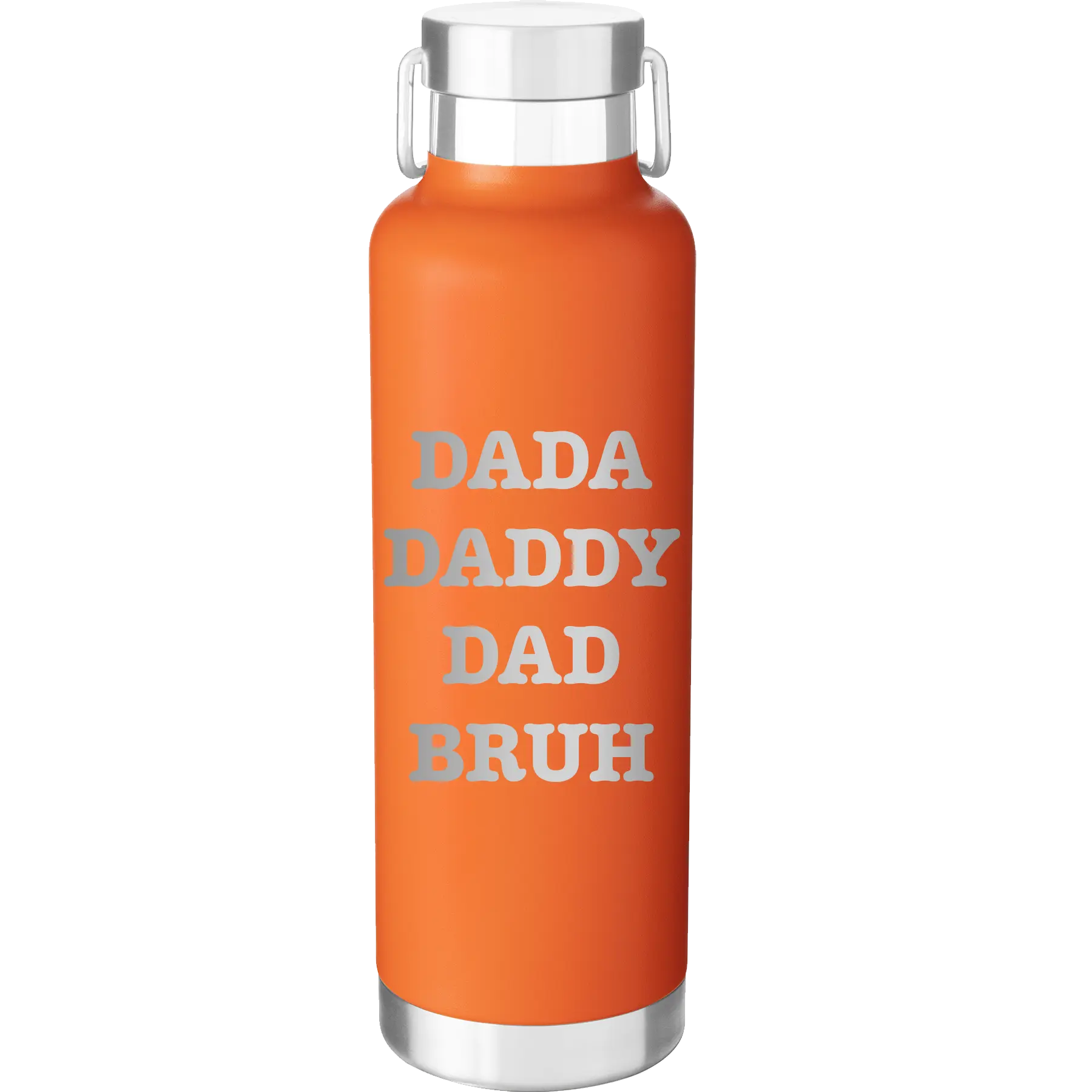 Laser etched orange 24 oz vacuum insulated water bottle with 'Bruh' design