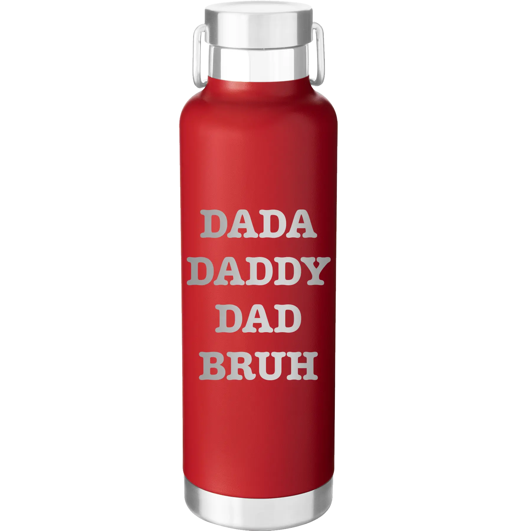 Laser etched red 24 oz vacuum insulated water bottle with 'Bruh' design