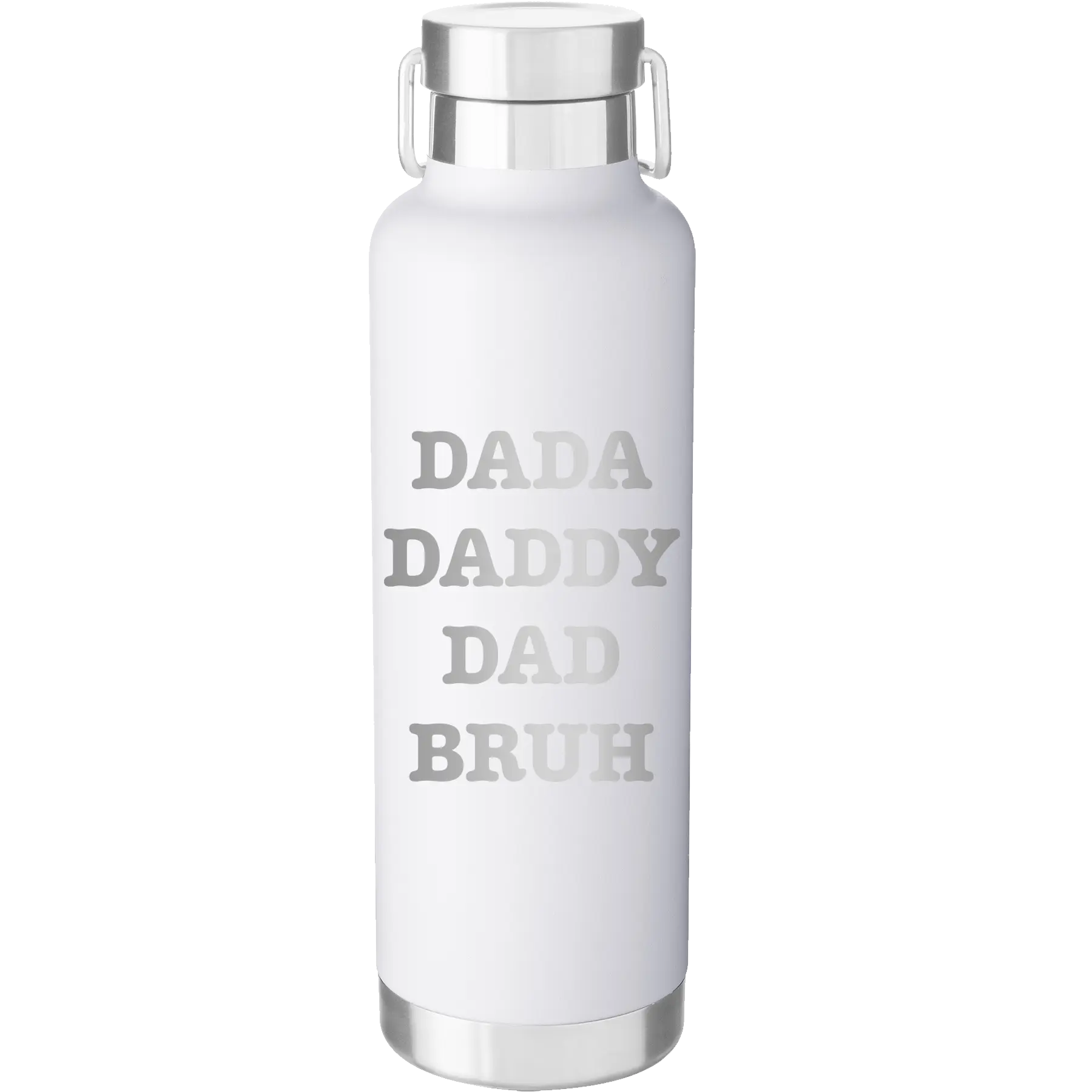 Laser etched white 24 oz vacuum insulated water bottle with 'Bruh' design