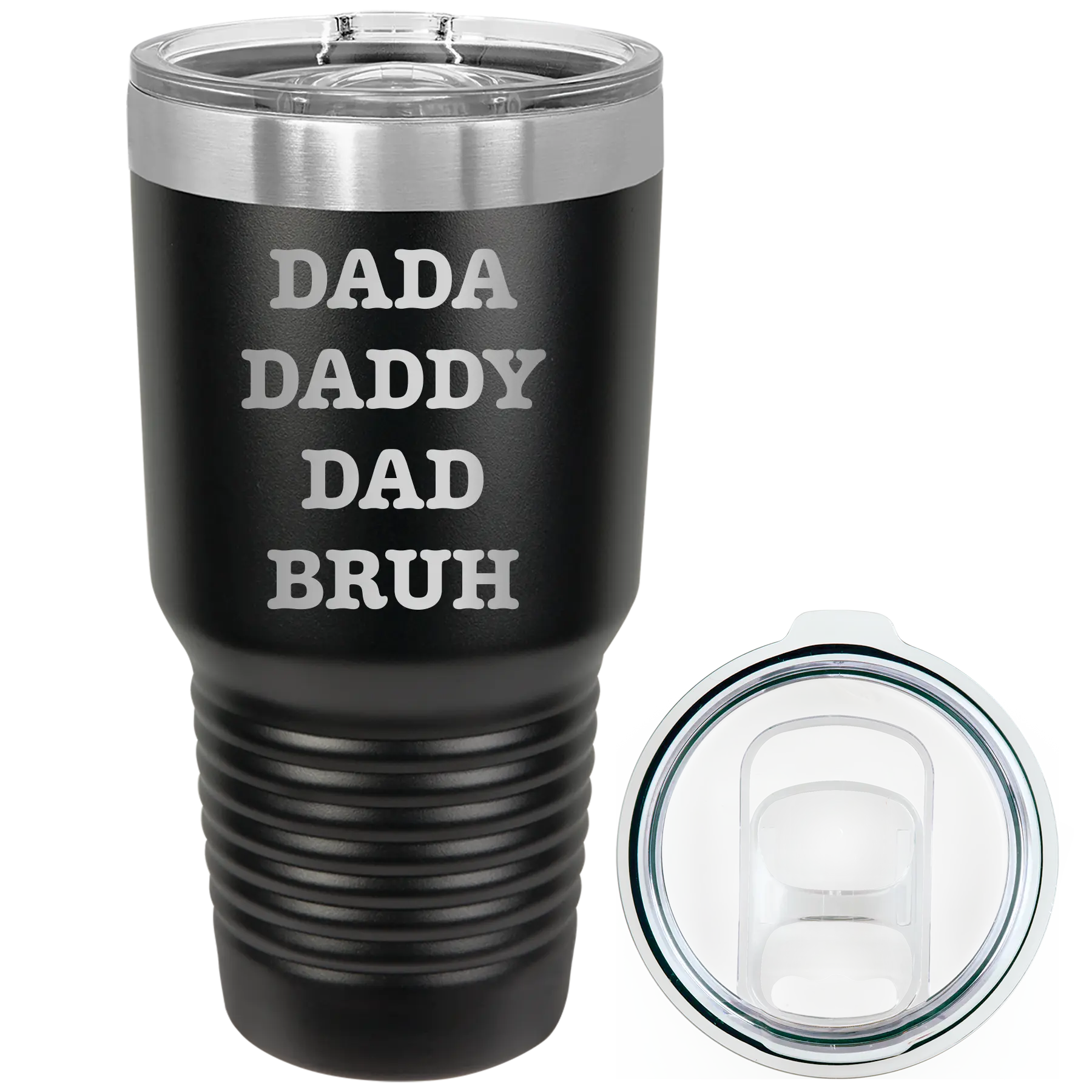 Laser etched black 30 oz vacuum insulated tumbler with 'Bruh' design
