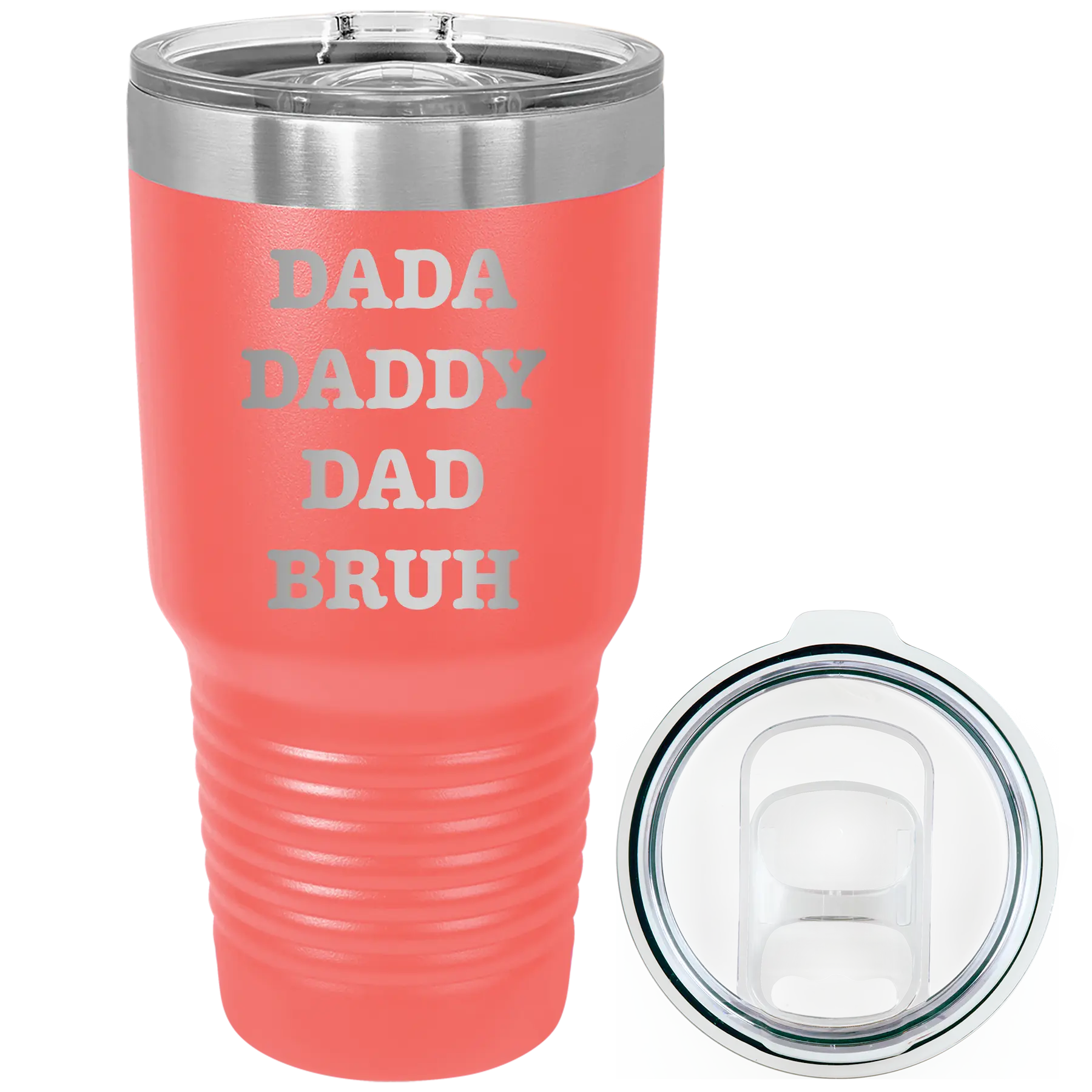 Laser etched coral 30 oz vacuum insulated tumbler with 'Bruh' design