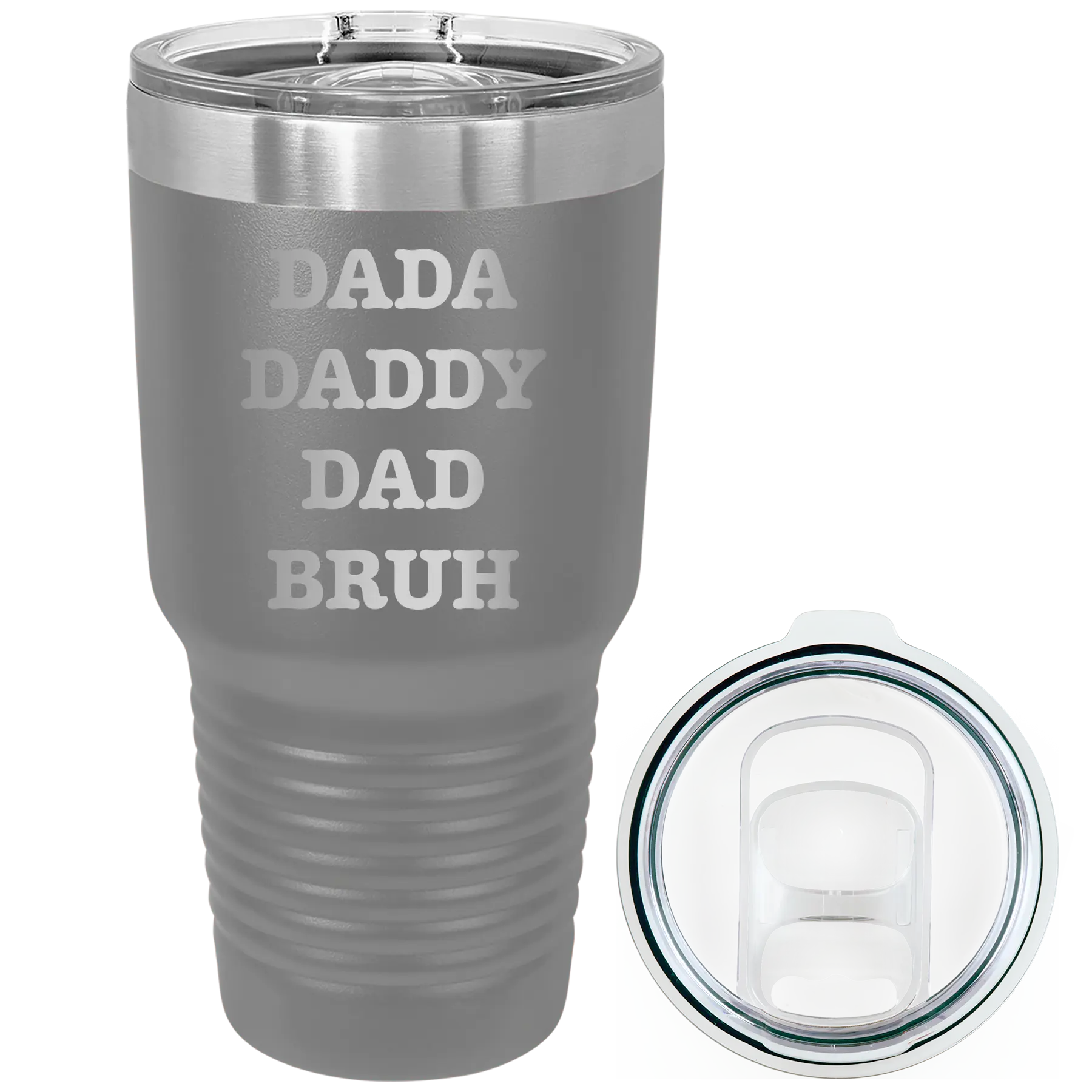 Laser etched dark gray 30 oz vacuum insulated tumbler with 'Bruh' design