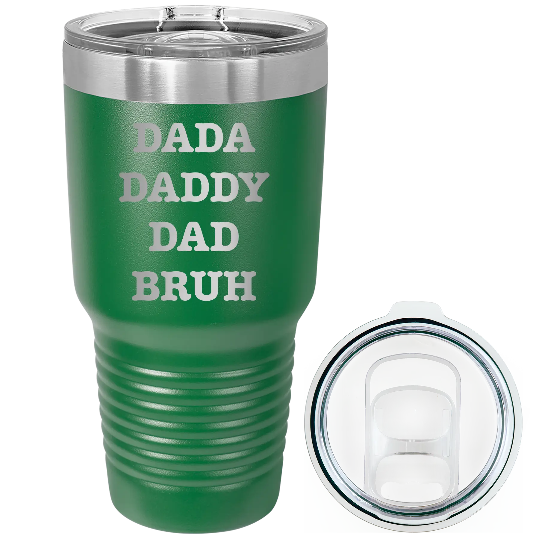 Laser etched green 30 oz vacuum insulated tumbler with 'Bruh' design