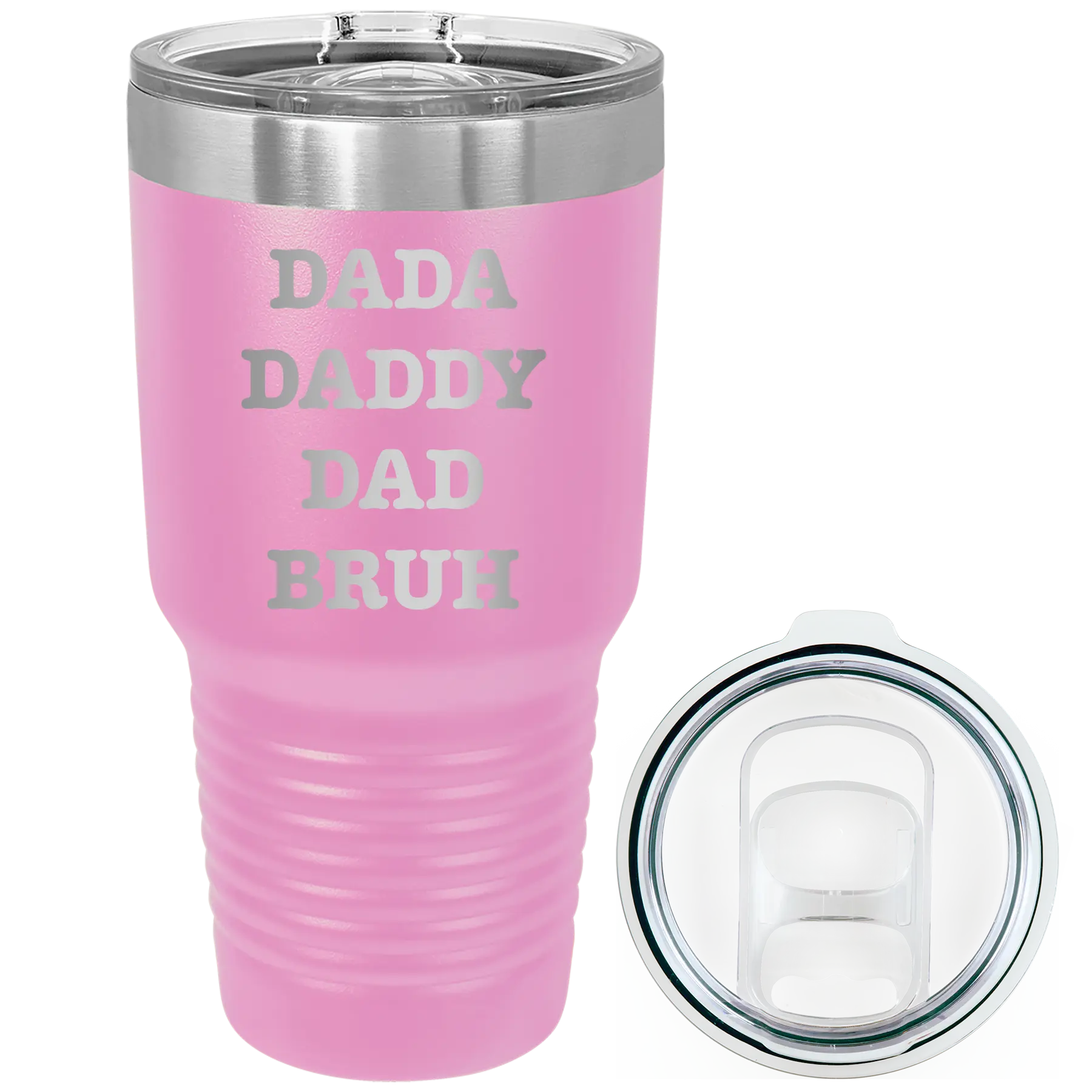 Laser etched light purple 30 oz vacuum insulated tumbler with 'Bruh' design
