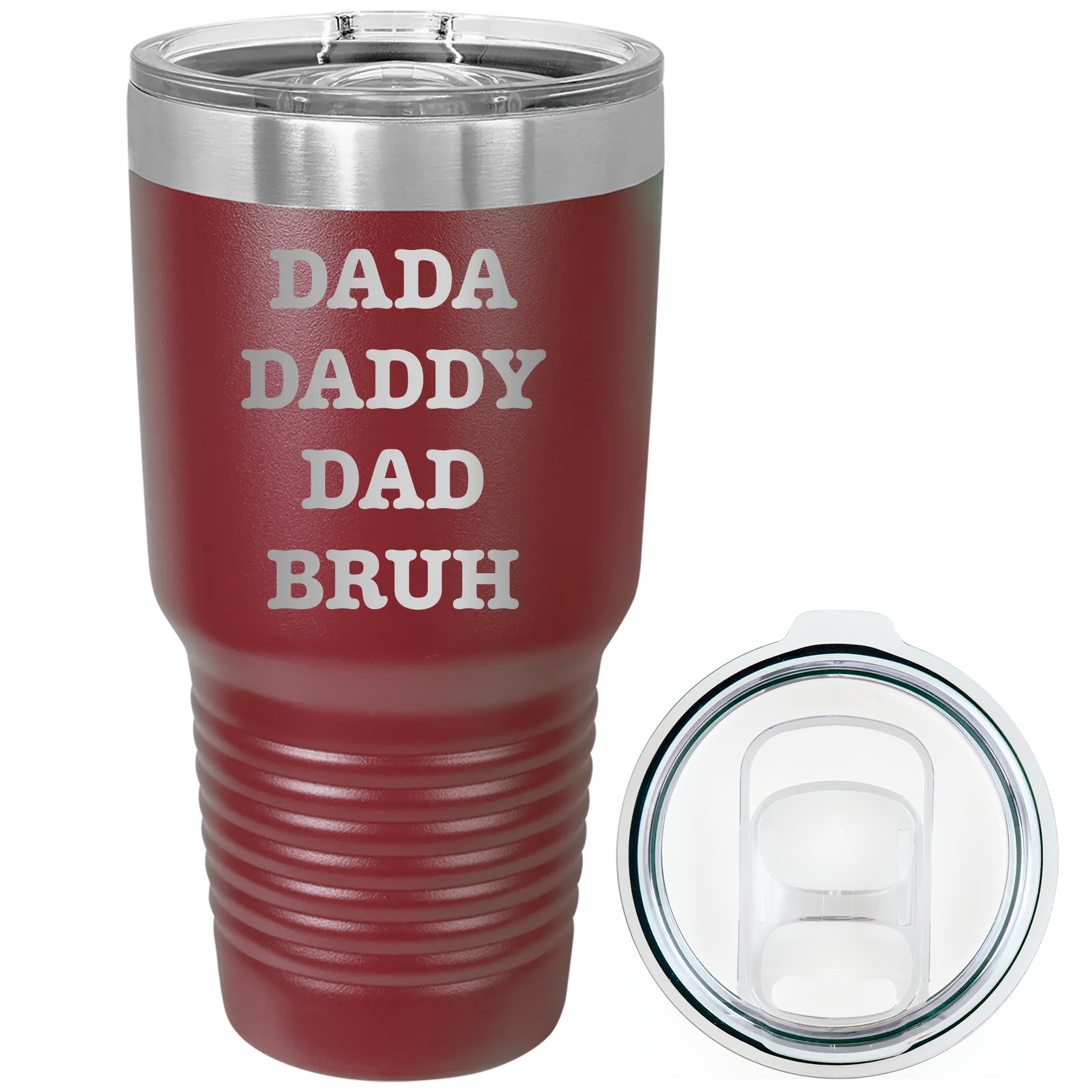 Laser etched maroon 30 oz vacuum insulated tumbler with 'Bruh' design