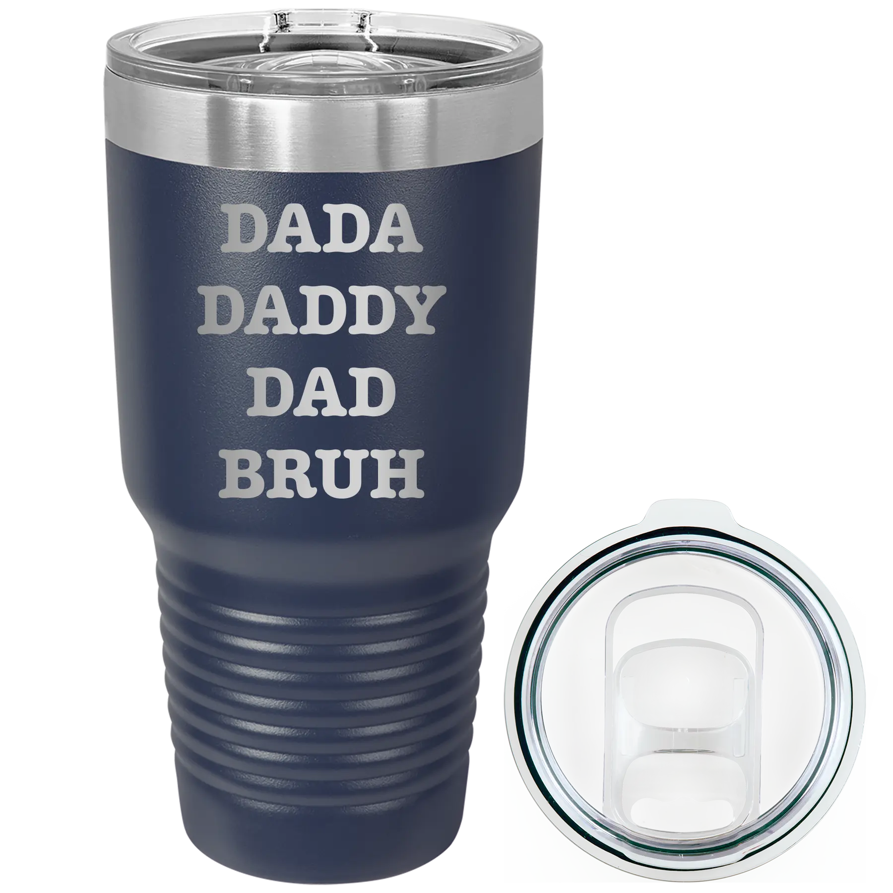 Laser etched navy 30 oz vacuum insulated tumbler with 'Bruh' design