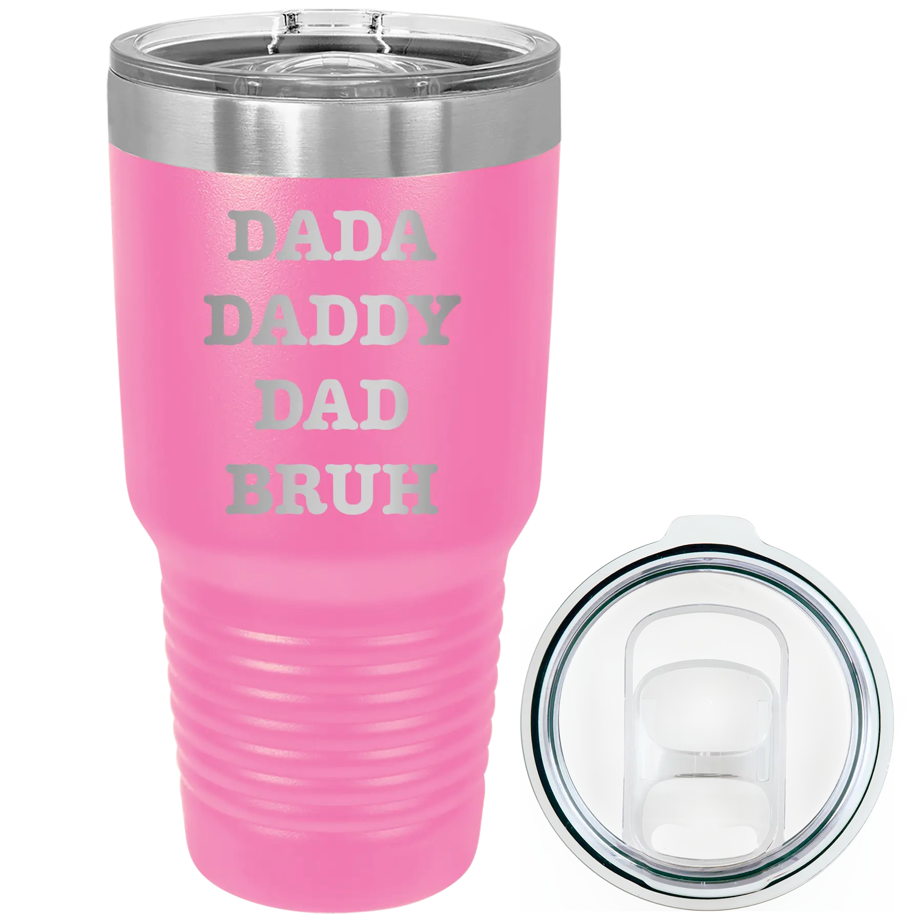 Laser etched pink 30 oz vacuum insulated tumbler with 'Bruh' design