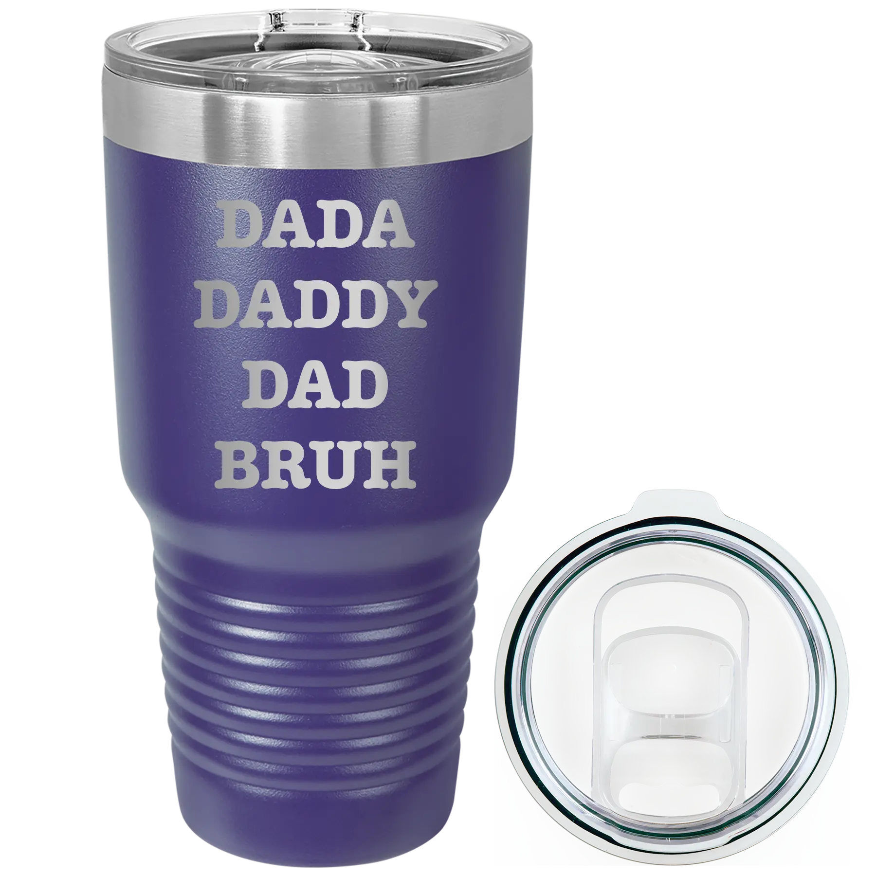 Laser etched purple 30 oz vacuum insulated tumbler with 'Bruh' design