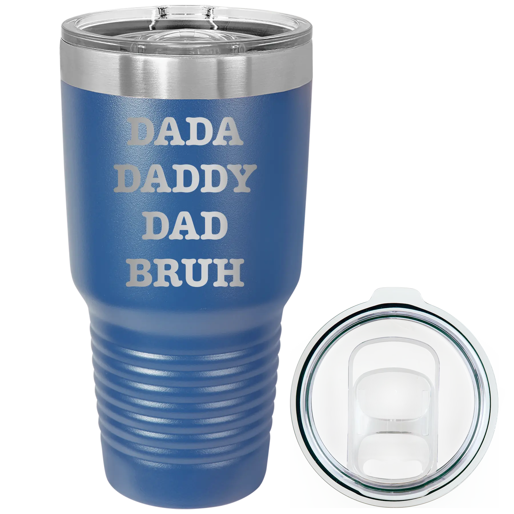 Laser etched royal blue 30 oz vacuum insulated tumbler with 'Bruh' design