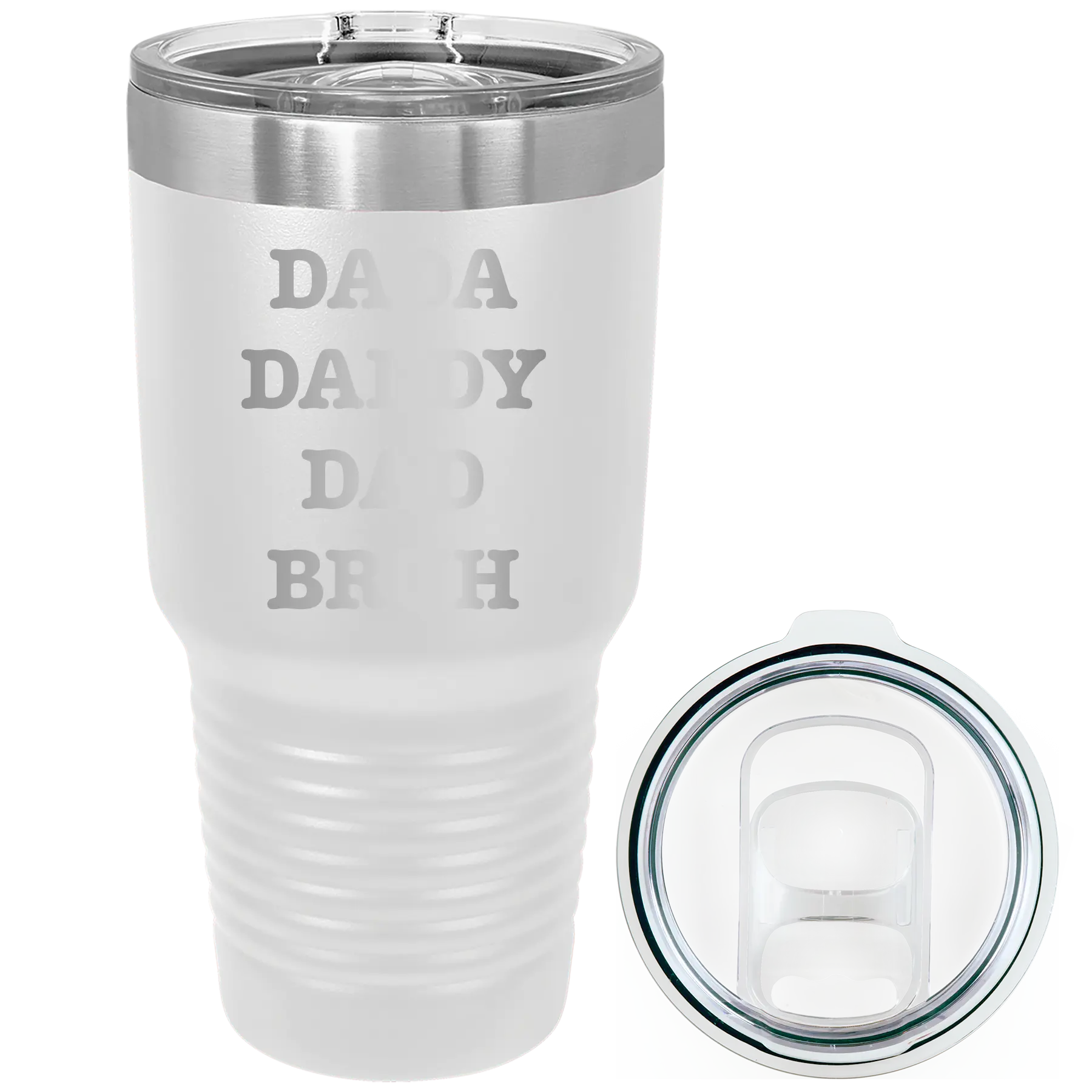Laser etched white 30 oz vacuum insulated tumbler with 'Bruh' design
