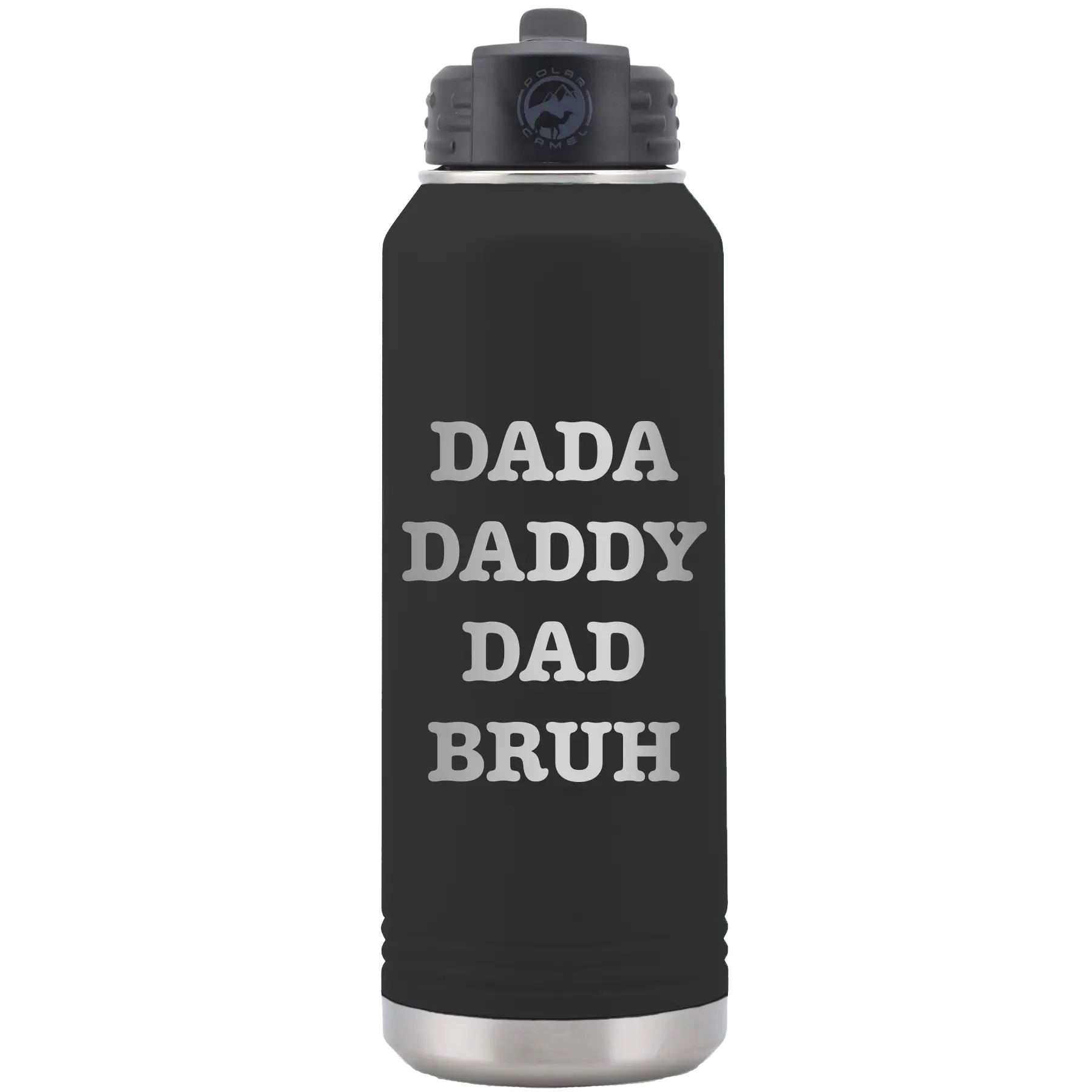 Laser etched black 32 oz vacuum insulated water bottle with 'Bruh' design