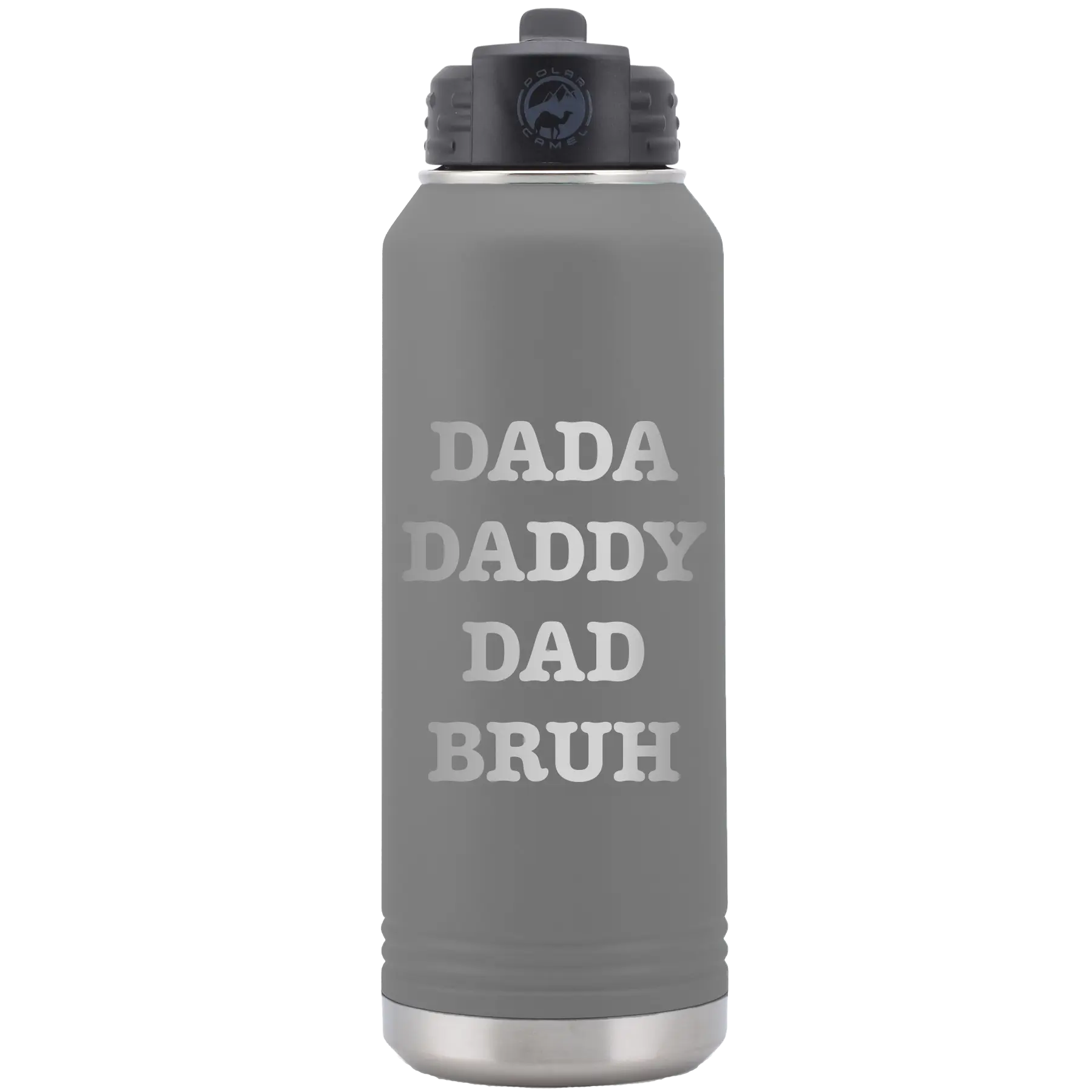 Laser etched dark gray 32 oz vacuum insulated water bottle with 'Bruh' design