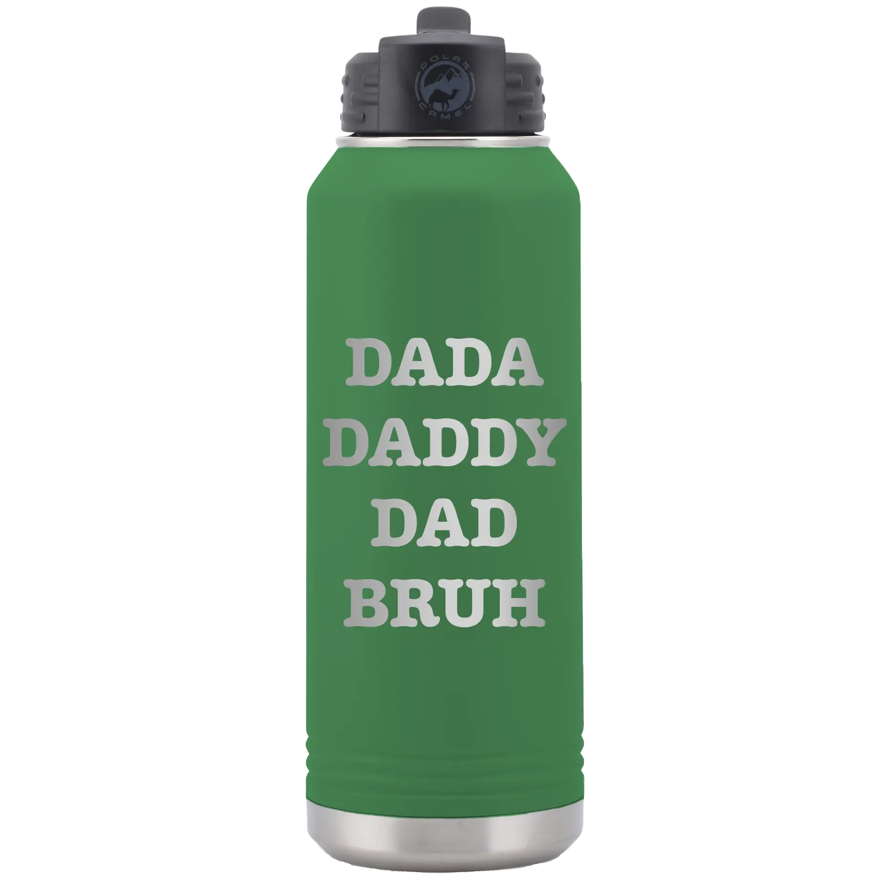 Laser etched green 32 oz vacuum insulated water bottle with 'Bruh' design
