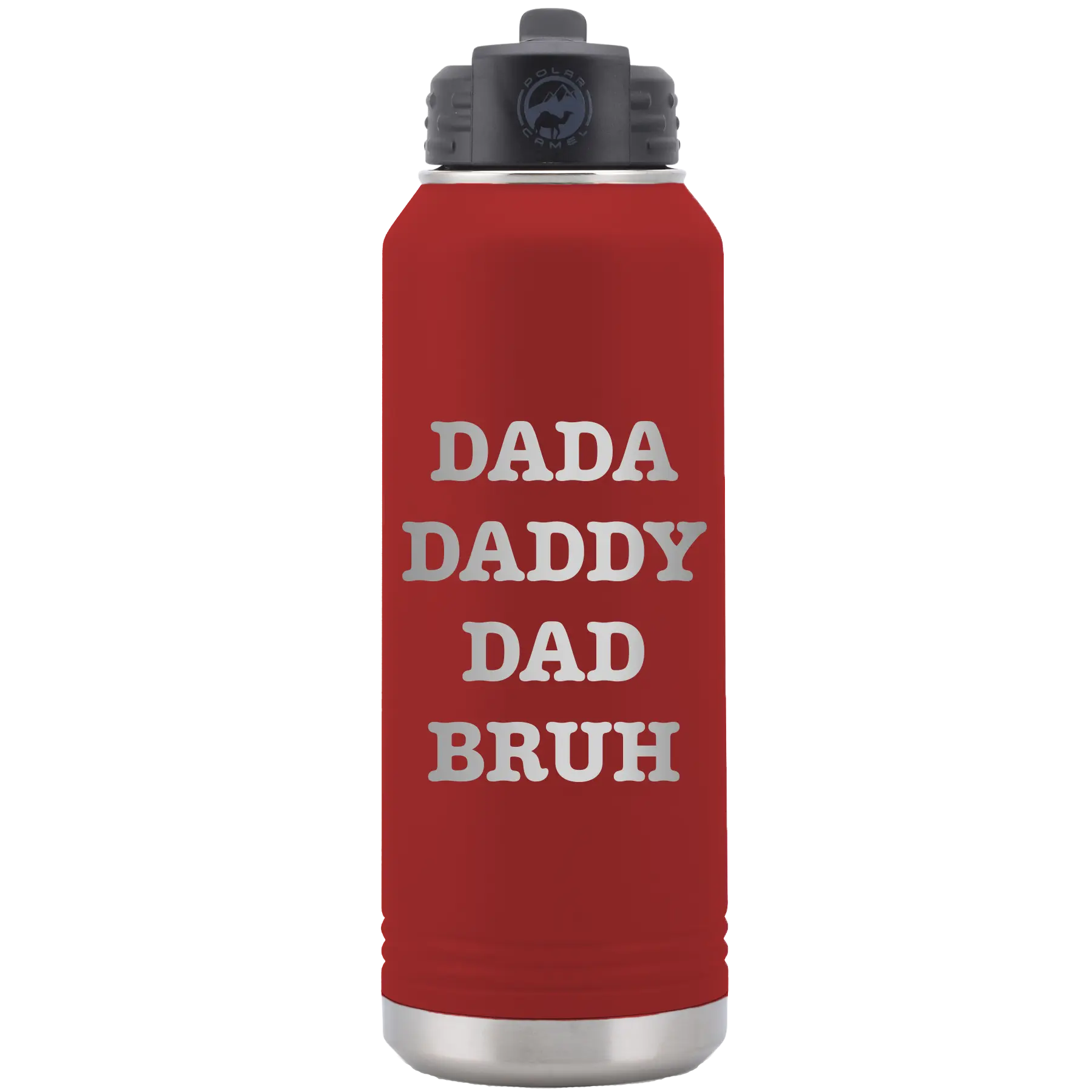 Laser etched maroon 32 oz vacuum insulated water bottle with 'Bruh' design