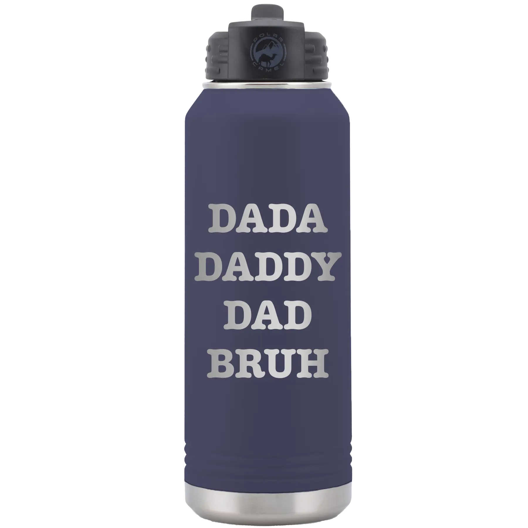 Laser etched navy 32 oz vacuum insulated water bottle with 'Bruh' design