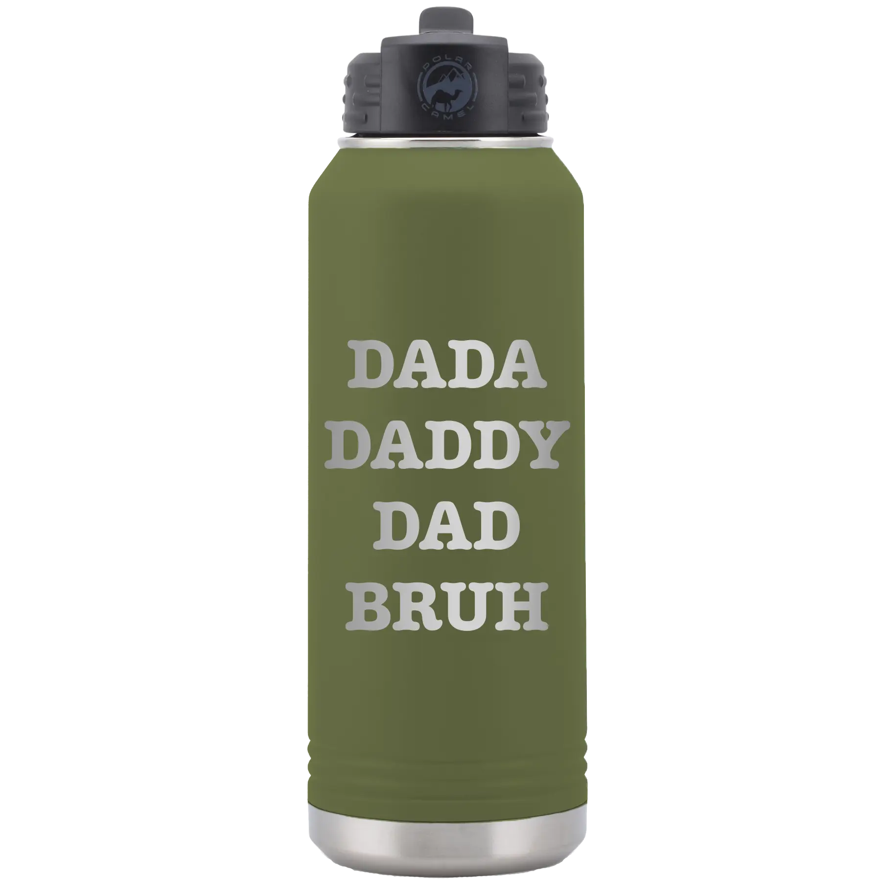 Laser etched olive green 32 oz vacuum insulated water bottle with 'Bruh' design