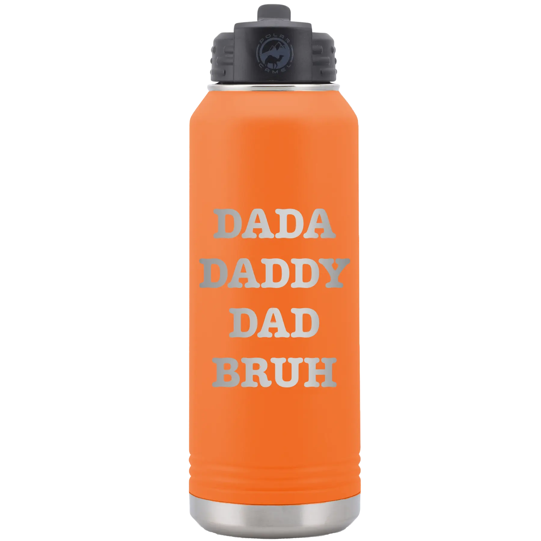 Laser etched orange 32 oz vacuum insulated water bottle with 'Bruh' design