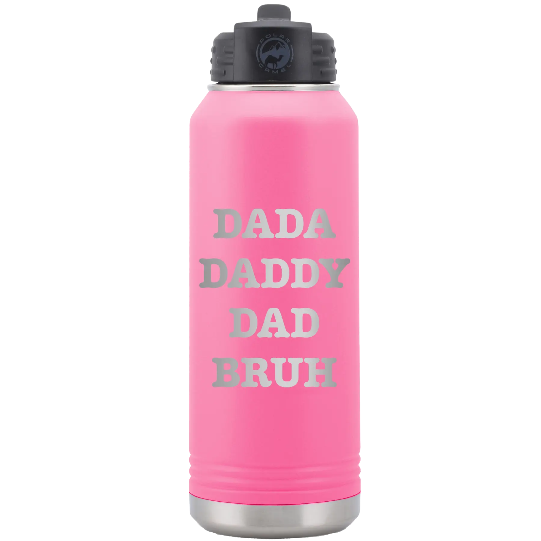 Laser etched pink 32 oz vacuum insulated water bottle with 'Bruh' design