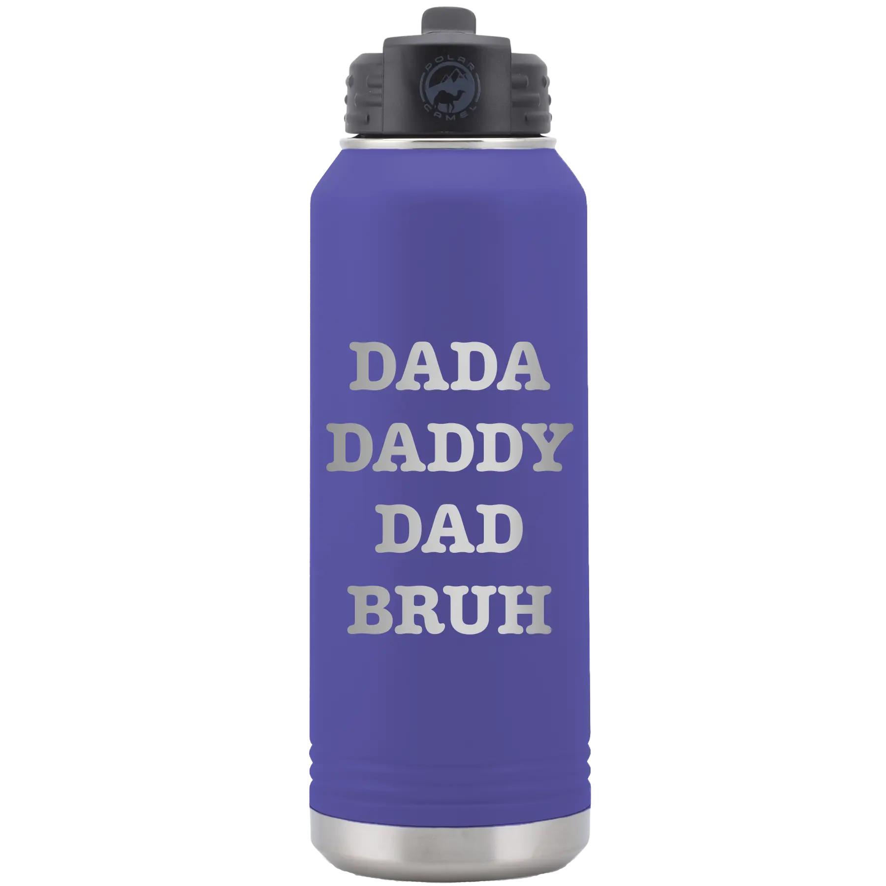 Laser etched purple 32 oz vacuum insulated water bottle with 'Bruh' design