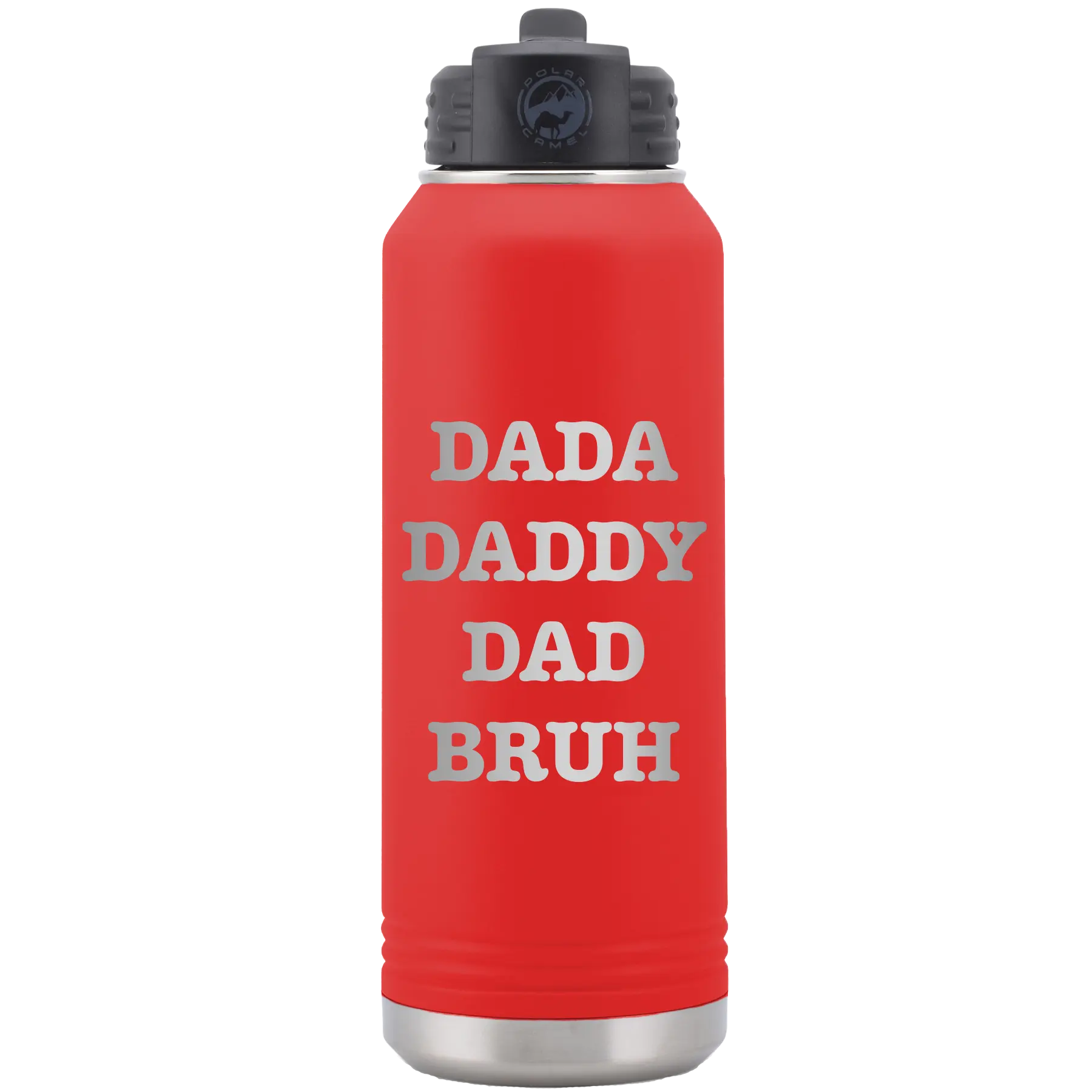 Laser etched red 32 oz vacuum insulated water bottle with 'Bruh' design
