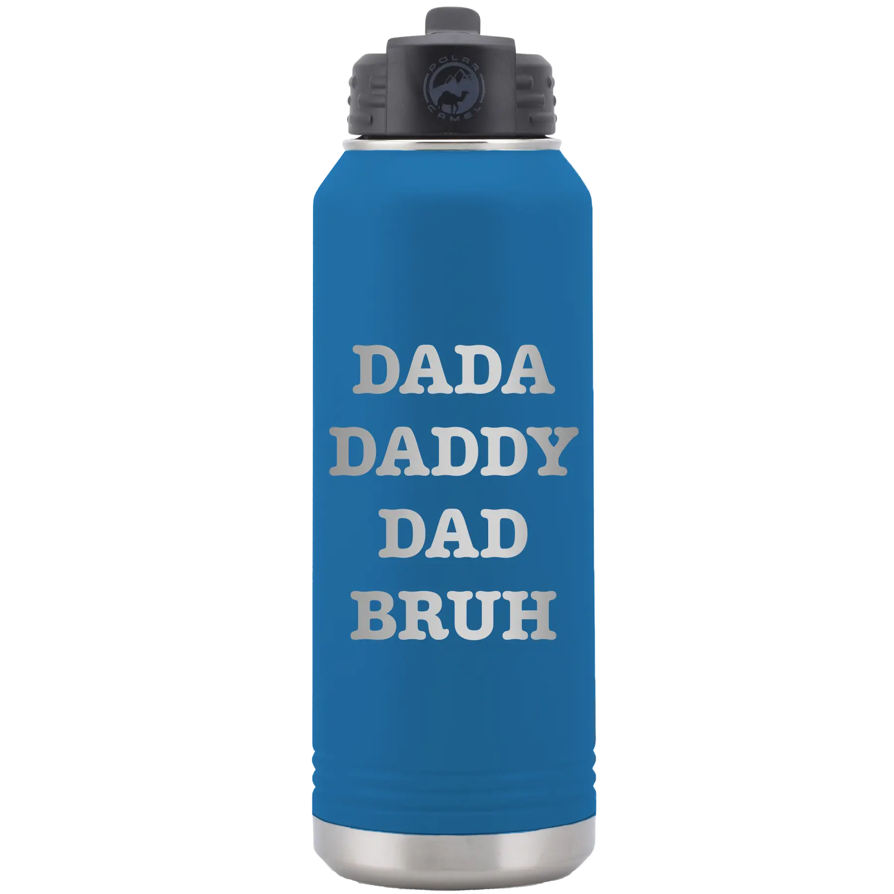 Laser etched royal blue 32 oz vacuum insulated water bottle with 'Bruh' design