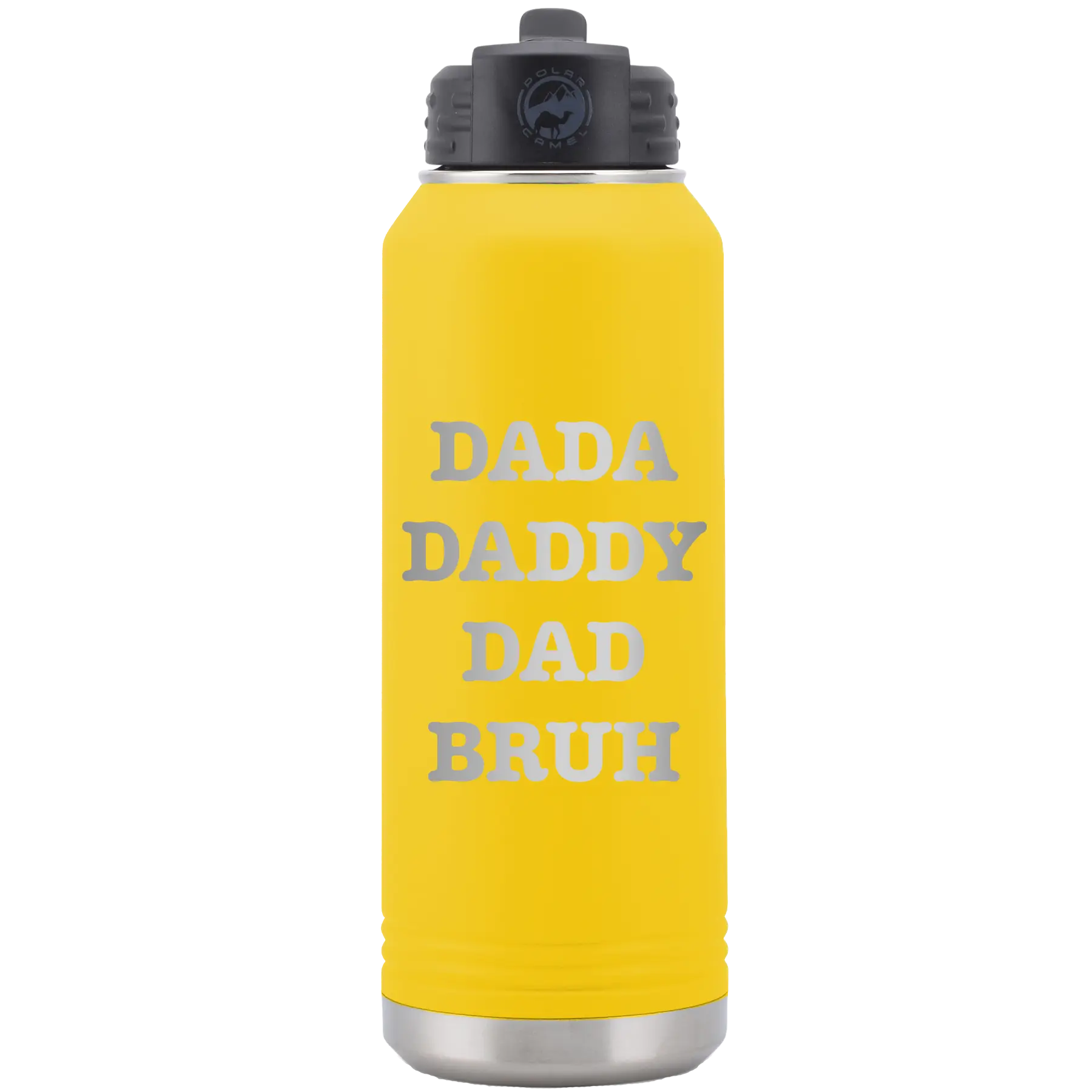 Laser etched yellow 32 oz vacuum insulated water bottle with 'Bruh' design