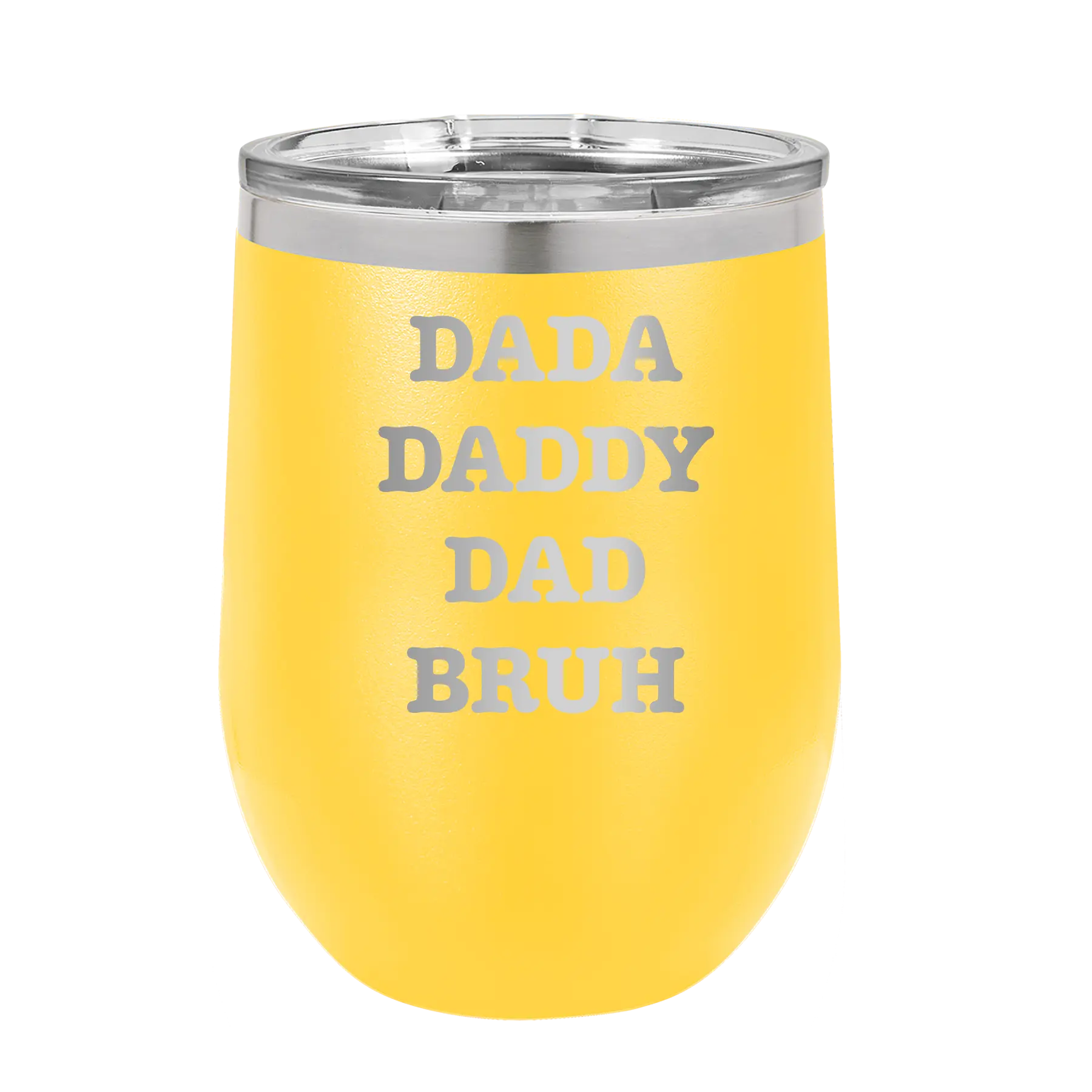 Personalized yellow 12 oz vacuum insulated wine cup with etched 'Bruh' design