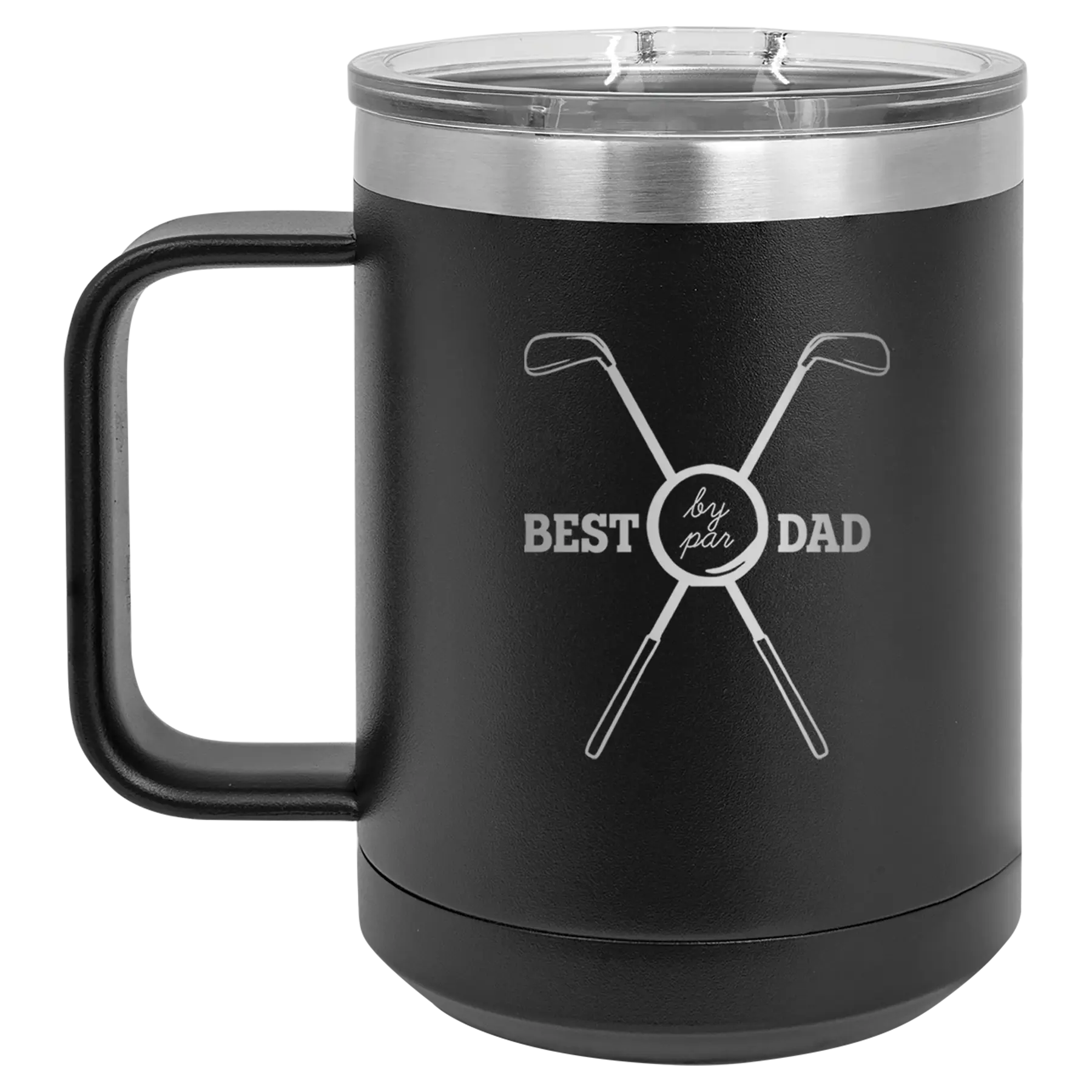Personalized black 15 oz vacuum insulated coffee mug with etched 'By Par' design