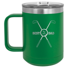 Personalized green 15 oz vacuum insulated coffee mug with etched 'By Par' design