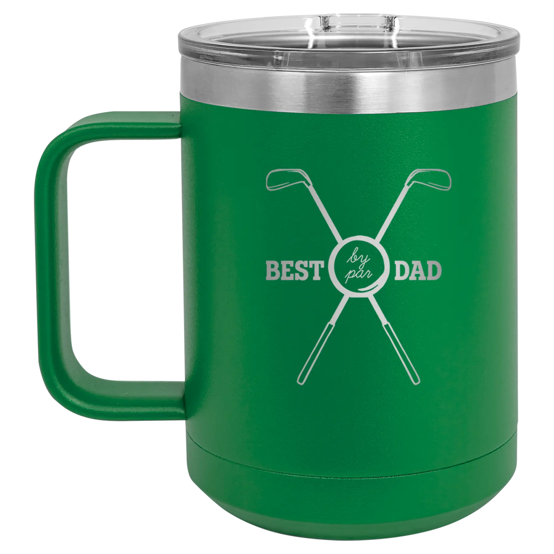 Personalized green 15 oz vacuum insulated coffee mug with etched 'By Par' design