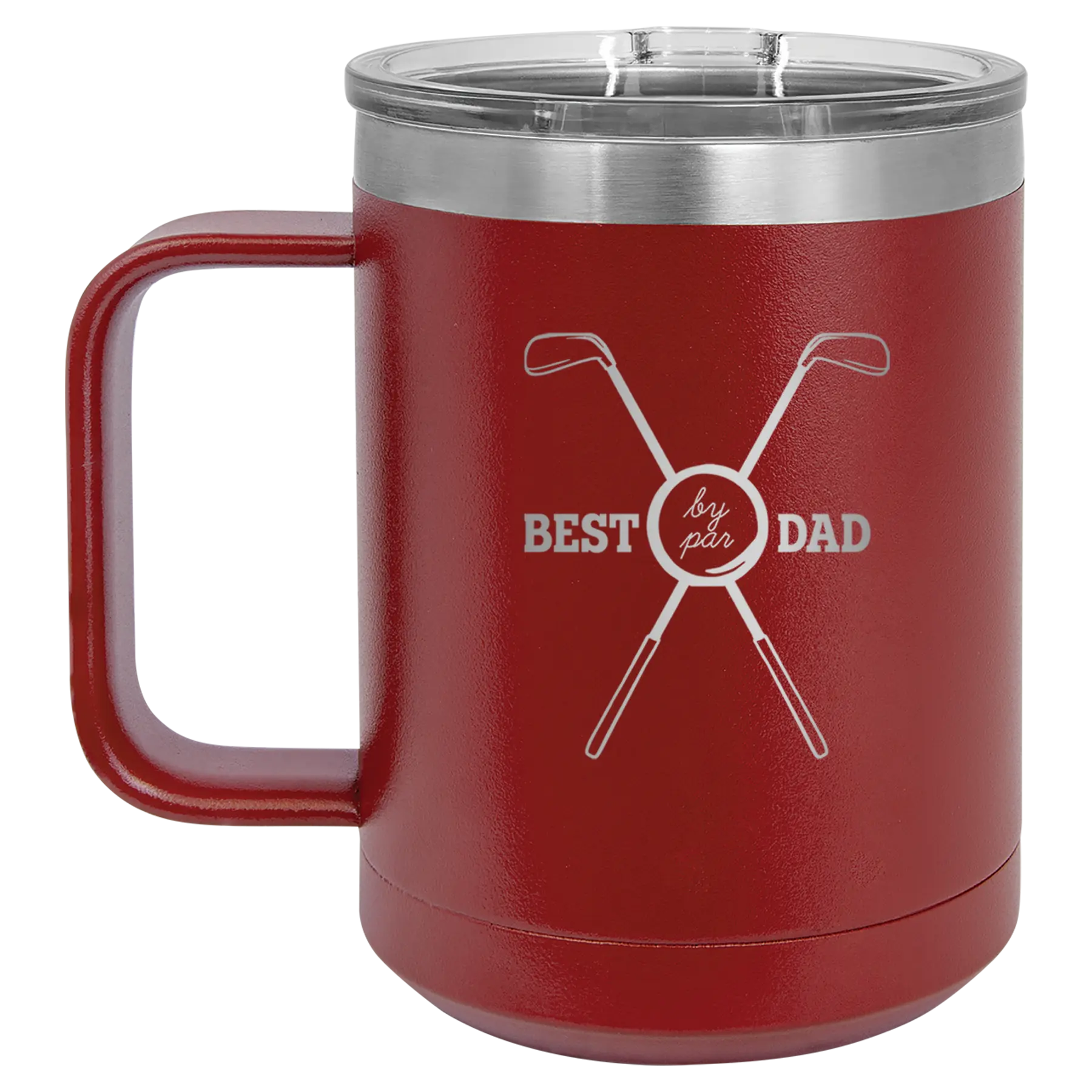 Personalized maroon 15 oz vacuum insulated coffee mug with etched 'By Par' design