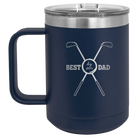 Personalized navy 15 oz vacuum insulated coffee mug with etched 'By Par' design
