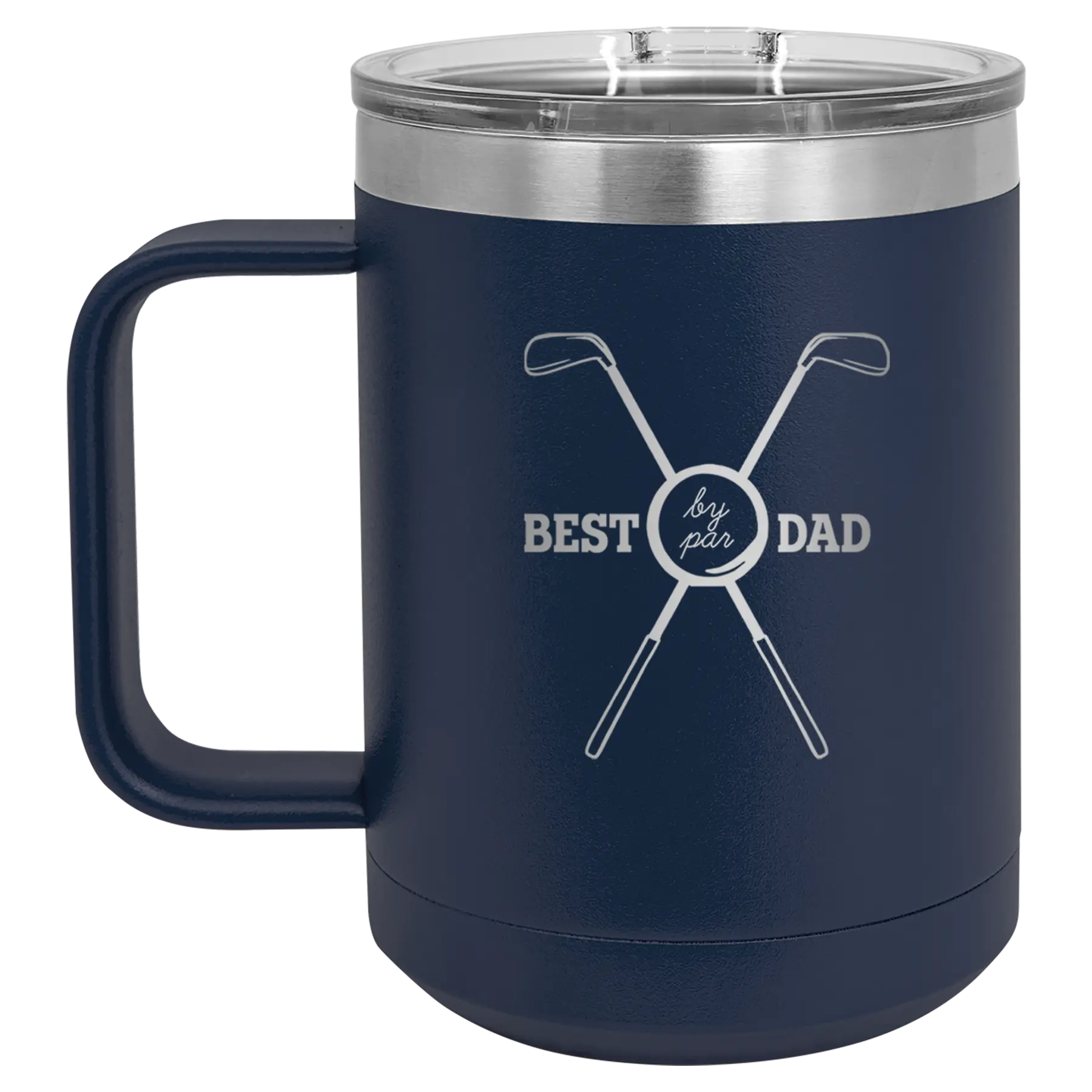 Personalized navy 15 oz vacuum insulated coffee mug with etched 'By Par' design