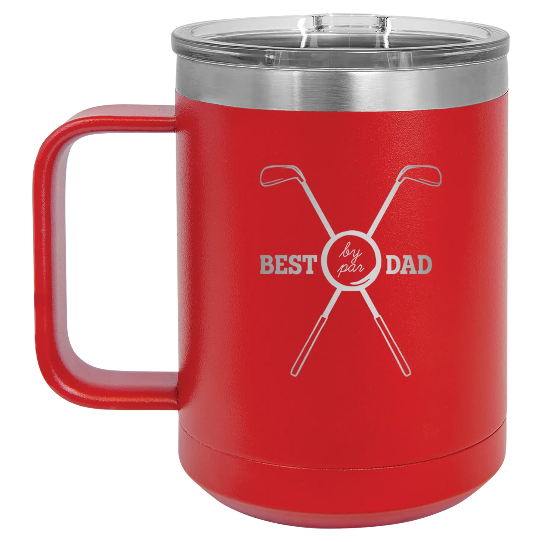Personalized red 15 oz vacuum insulated coffee mug with etched 'By Par' design