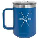 Personalized royal blue 15 oz vacuum insulated coffee mug with etched 'By Par' design