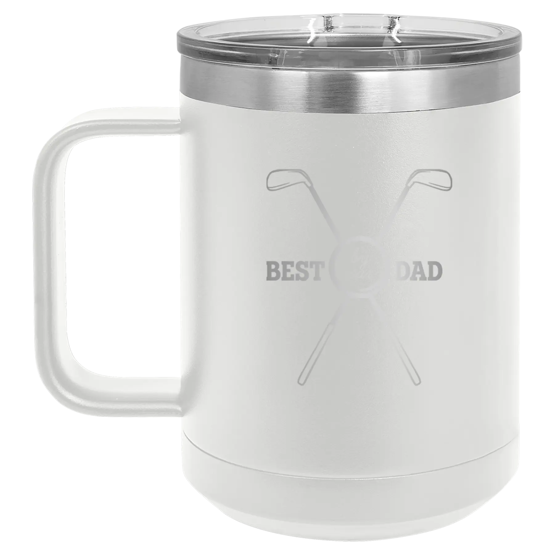 Personalized white 15 oz vacuum insulated coffee mug with etched 'By Par' design