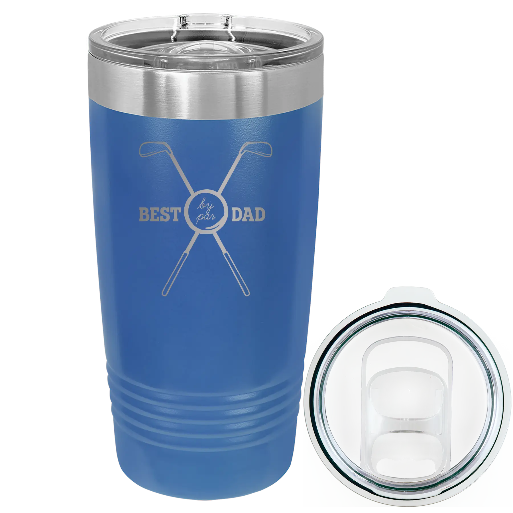 Laser etched royal blue 20 oz vacuum insulated tumbler with 'By Par' design