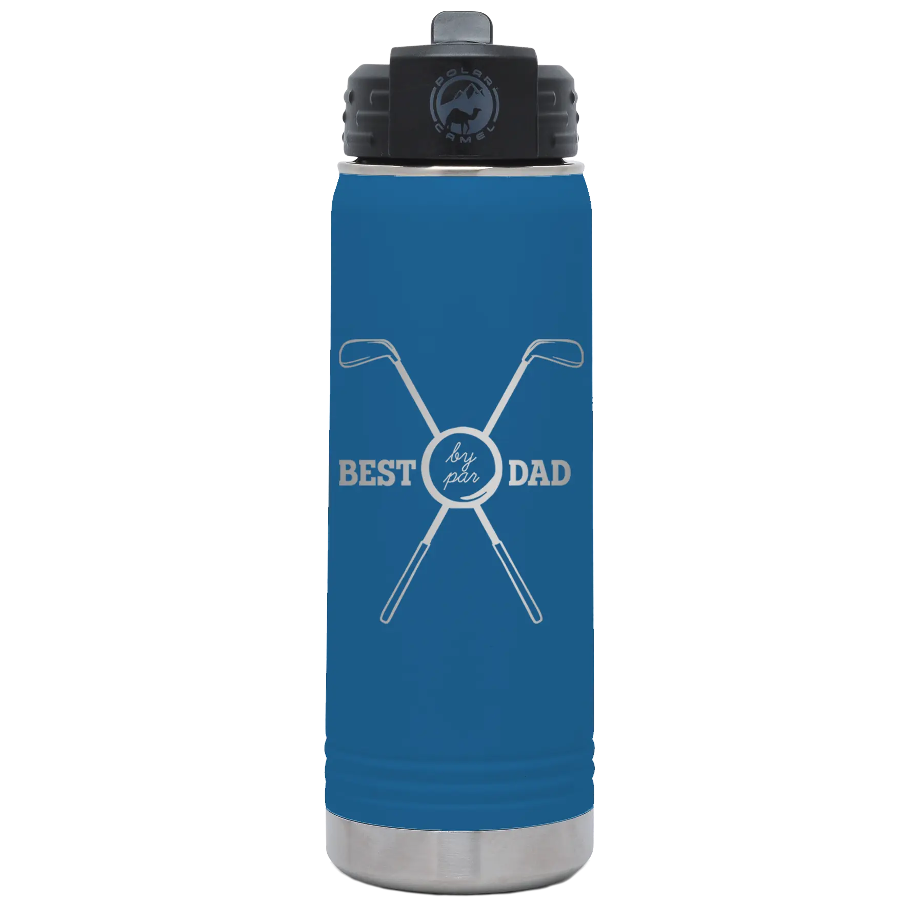 Laser etched royal blue 20 oz vacuum insulated water bottle with 'By Par' design