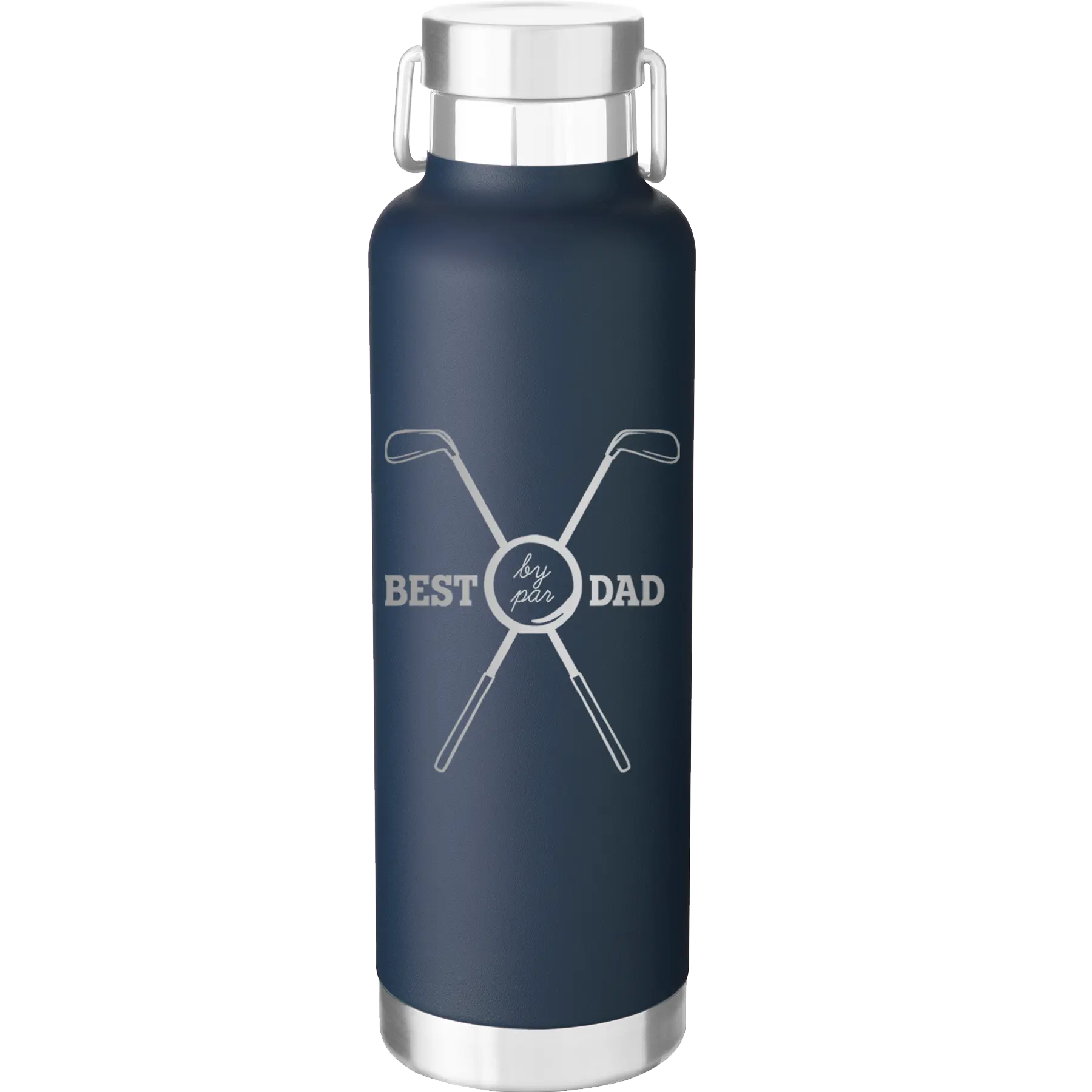 Laser etched navy 24 oz vacuum insulated water bottle with 'By Par' design