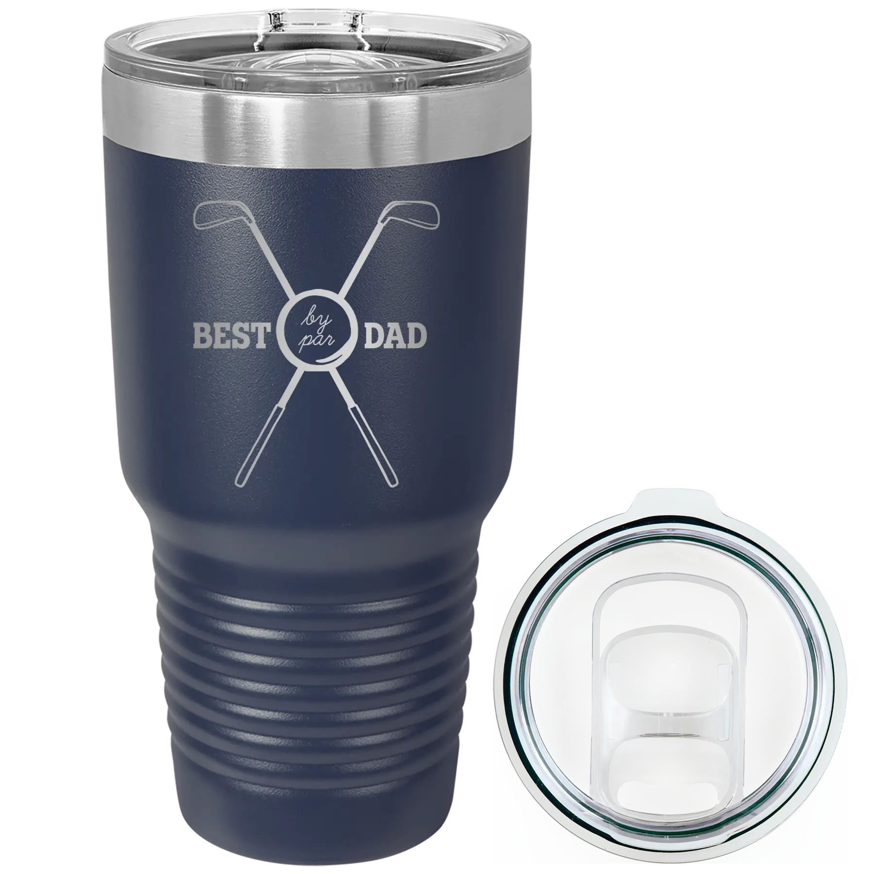 Laser etched navy 30 oz vacuum insulated tumbler with 'By Par' design
