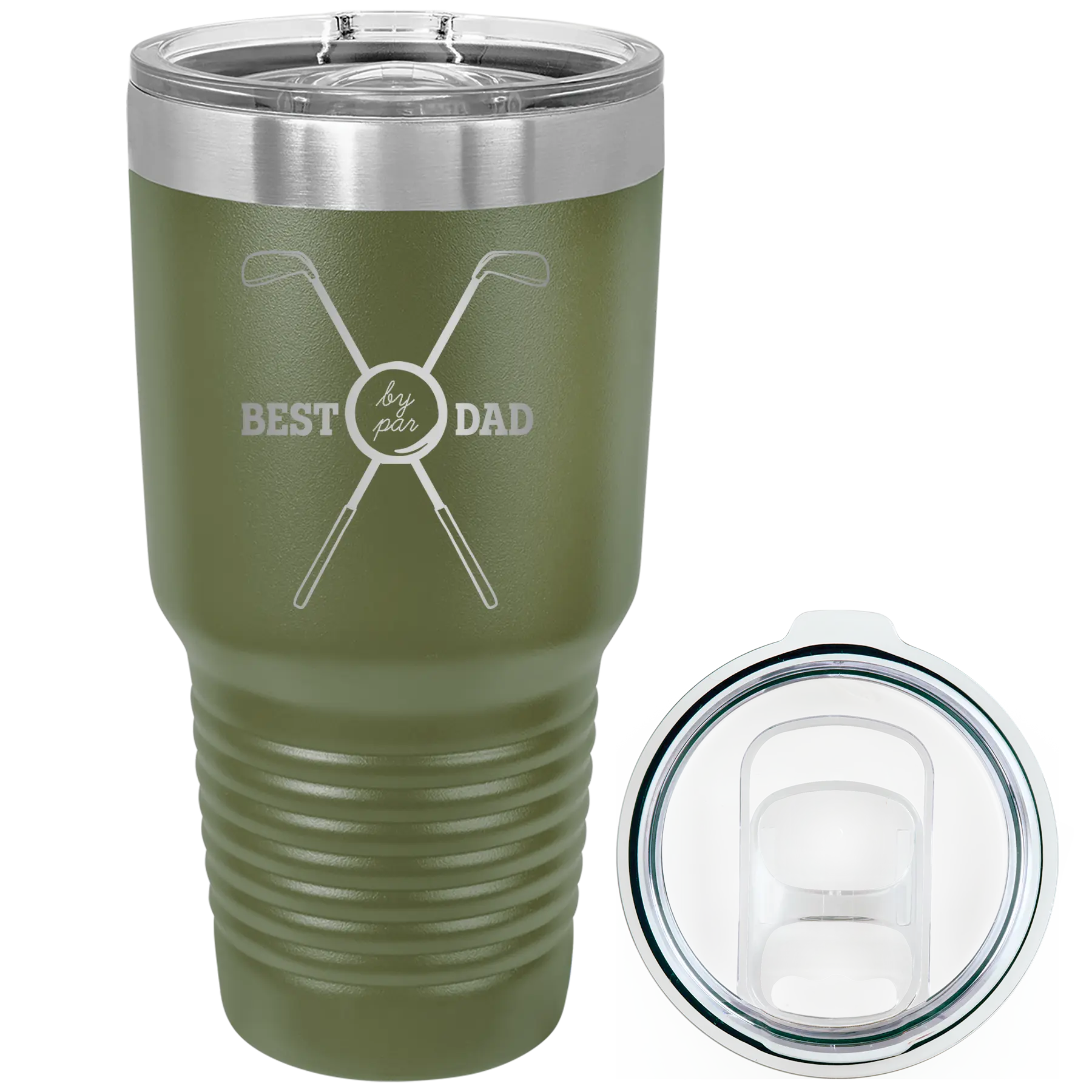 Laser etched olive green 30 oz vacuum insulated tumbler with 'By Par' design