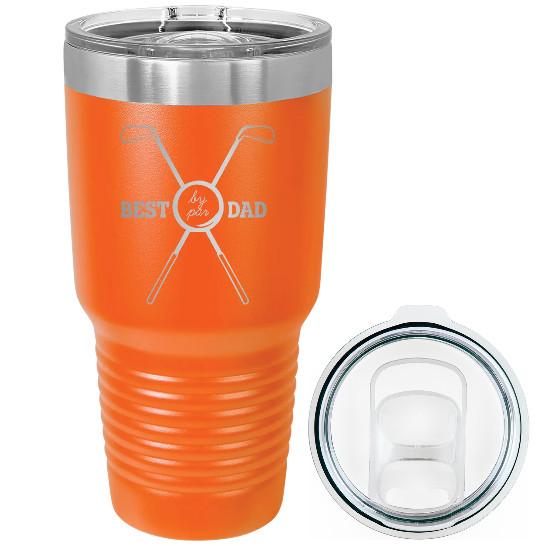 Laser etched orange 30 oz vacuum insulated tumbler with 'By Par' design